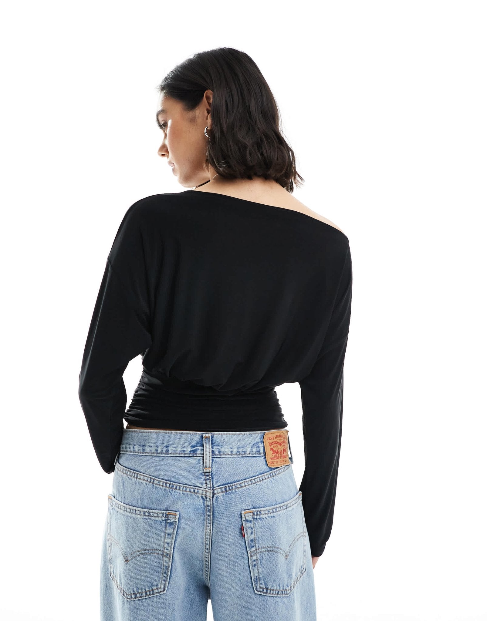 ASOS DESIGN slinky asymmetric one shoulder long sleeve top with cinch waist detail in black - ASOS Sample Sale EU Store