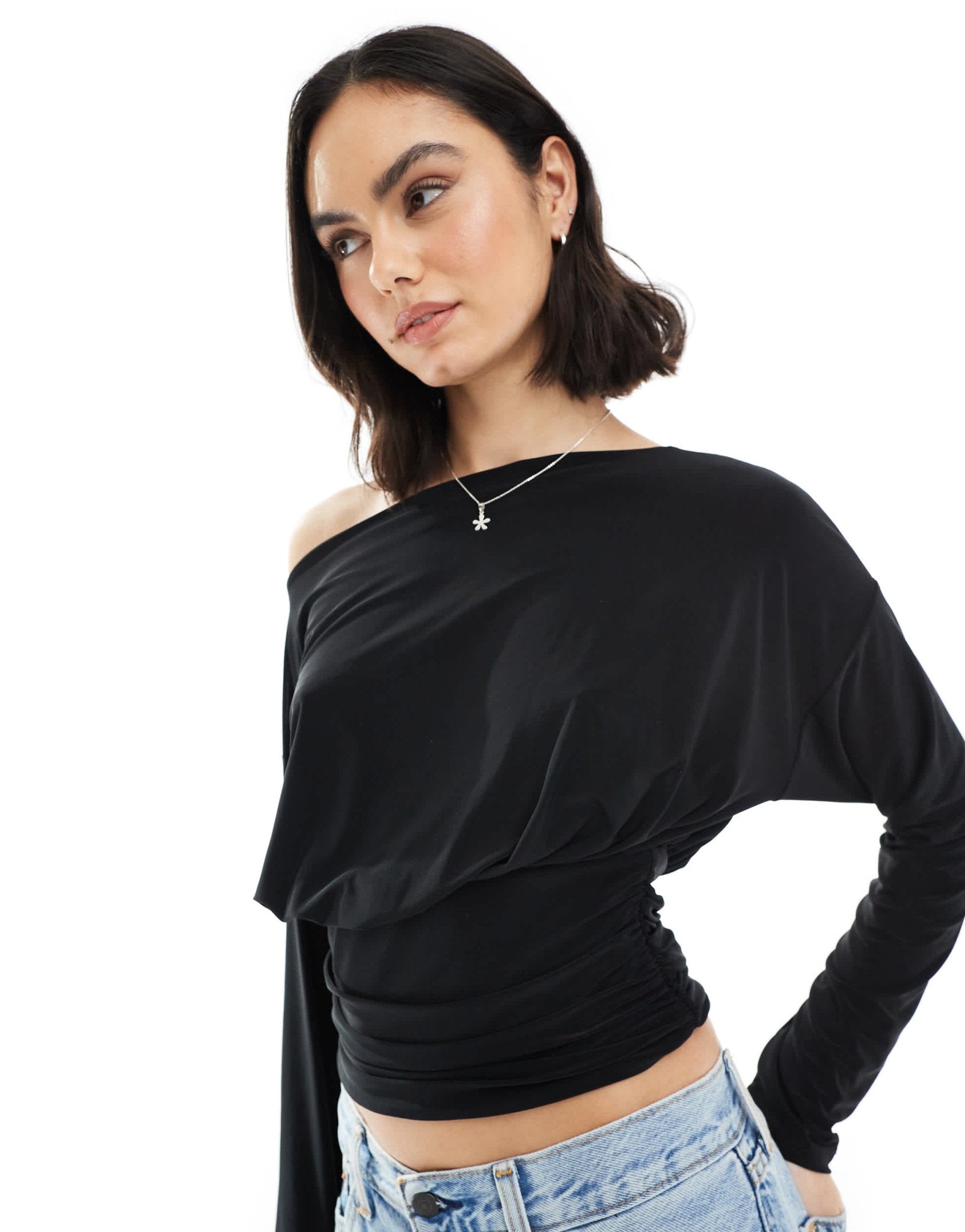 ASOS DESIGN slinky asymmetric one shoulder long sleeve top with cinch waist detail in black - ASOS Sample Sale EU Store