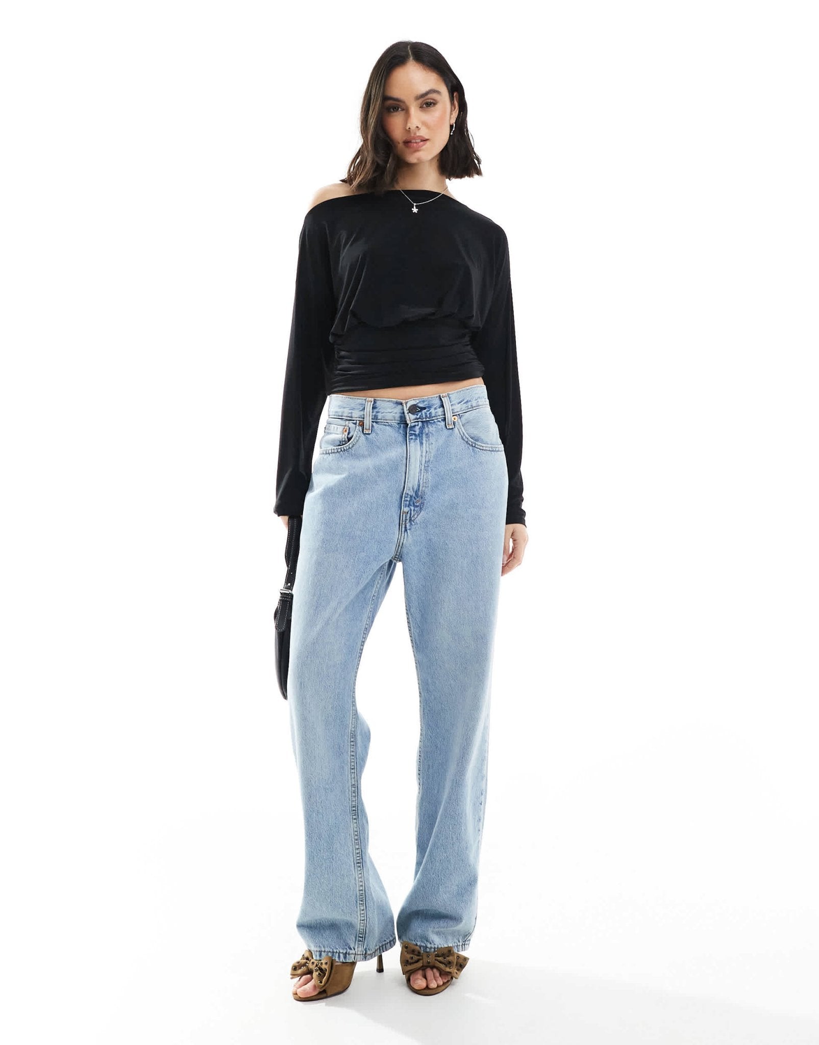 ASOS DESIGN slinky asymmetric one shoulder long sleeve top with cinch waist detail in black - ASOS Sample Sale EU Store