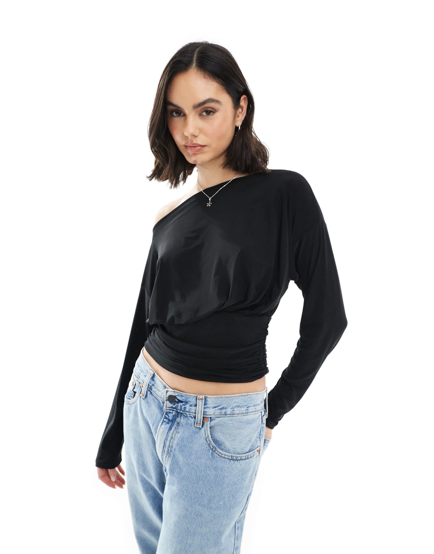 ASOS DESIGN slinky asymmetric one shoulder long sleeve top with cinch waist detail in black - ASOS Sample Sale EU Store