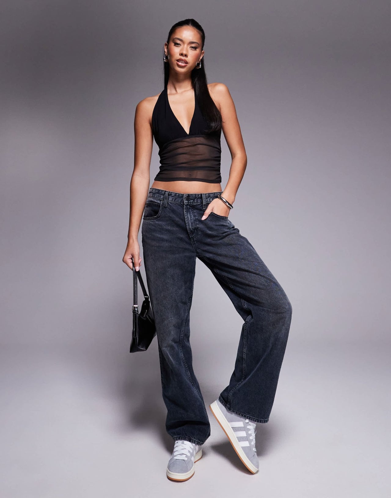 ASOS DESIGN slinky mesh plunge halter top with ruched mesh in black - ASOS Sample Sale EU Store