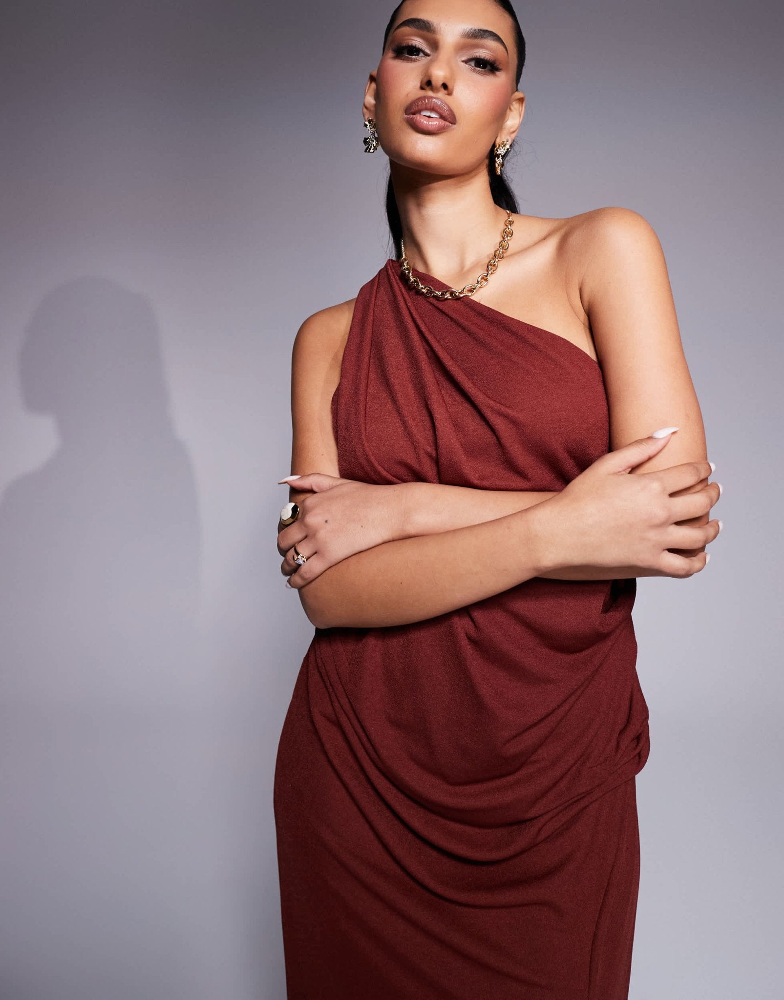 ASOS DESIGN slinky one shoulder drape maxi dress in rust - ASOS Sample Sale EU Store