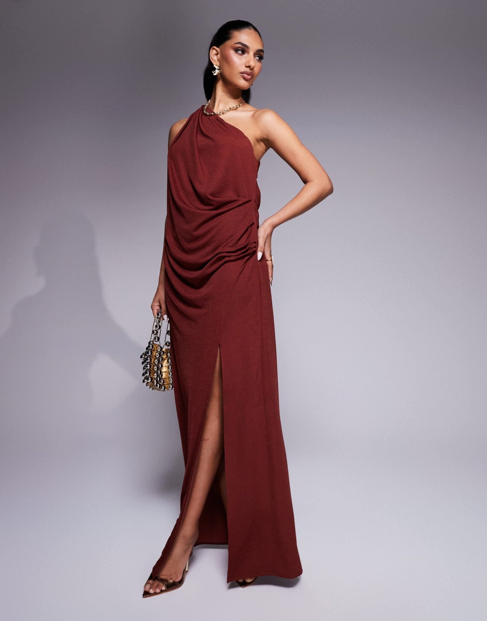 ASOS DESIGN slinky one shoulder drape maxi dress in rust - ASOS Sample Sale EU Store