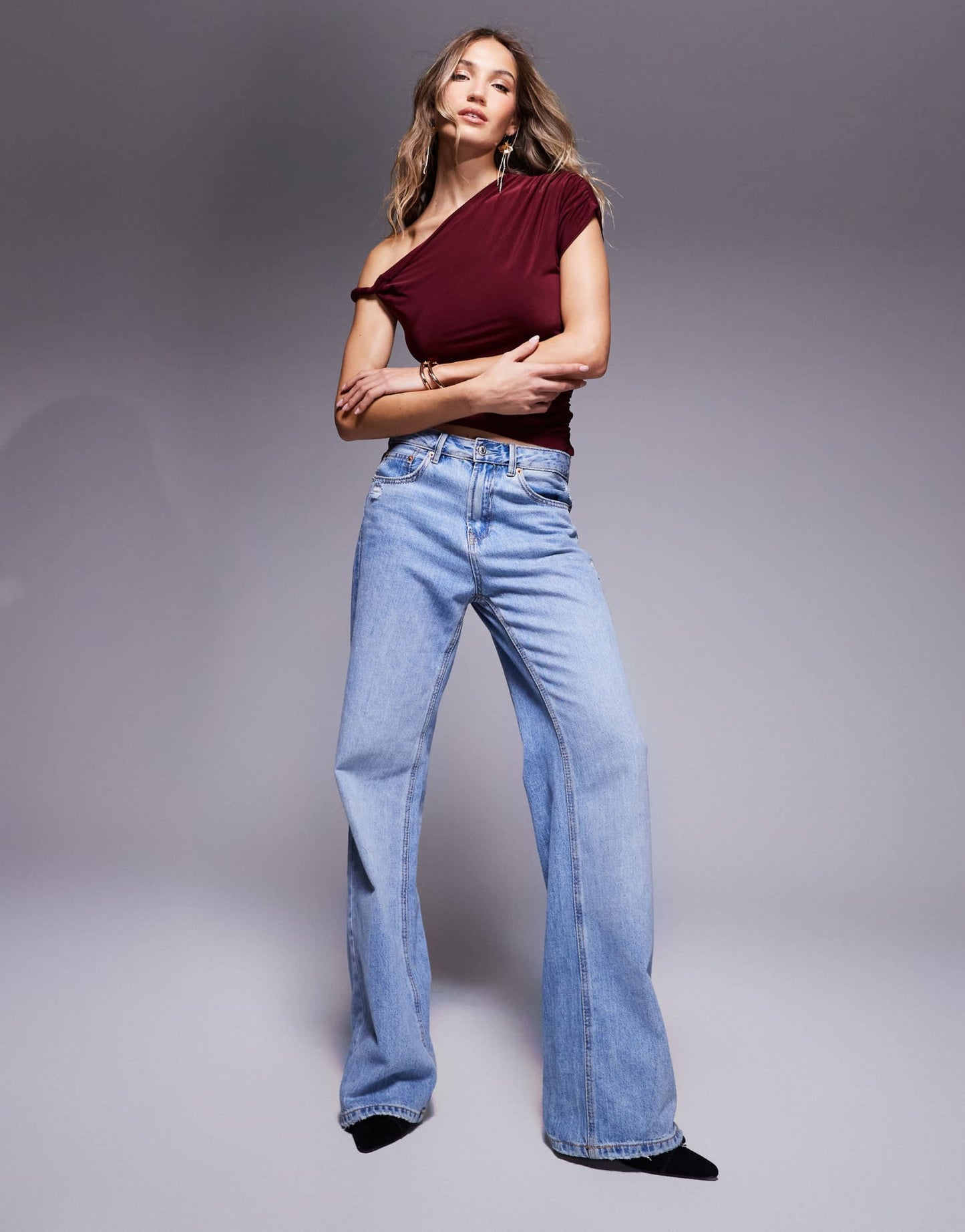 ASOS DESIGN slinky twist one shoulder top in burgundy - ASOS Sample Sale EU Store