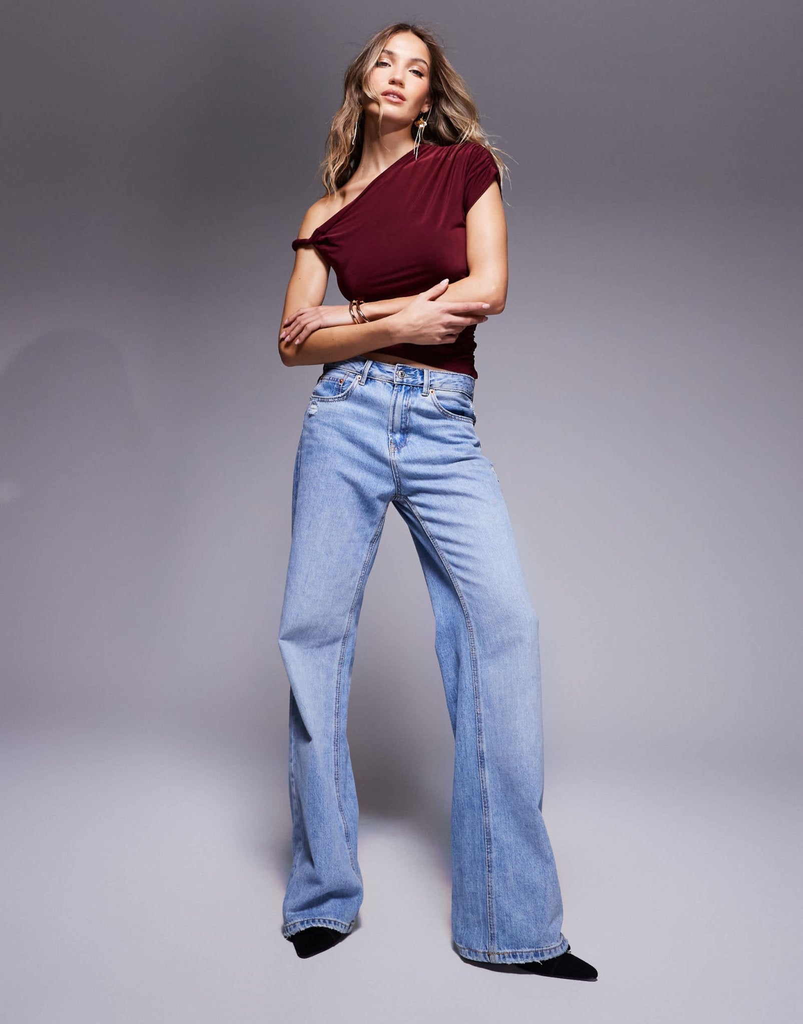 ASOS DESIGN slinky twist one shoulder top in burgundy - ASOS Sample Sale EU Store