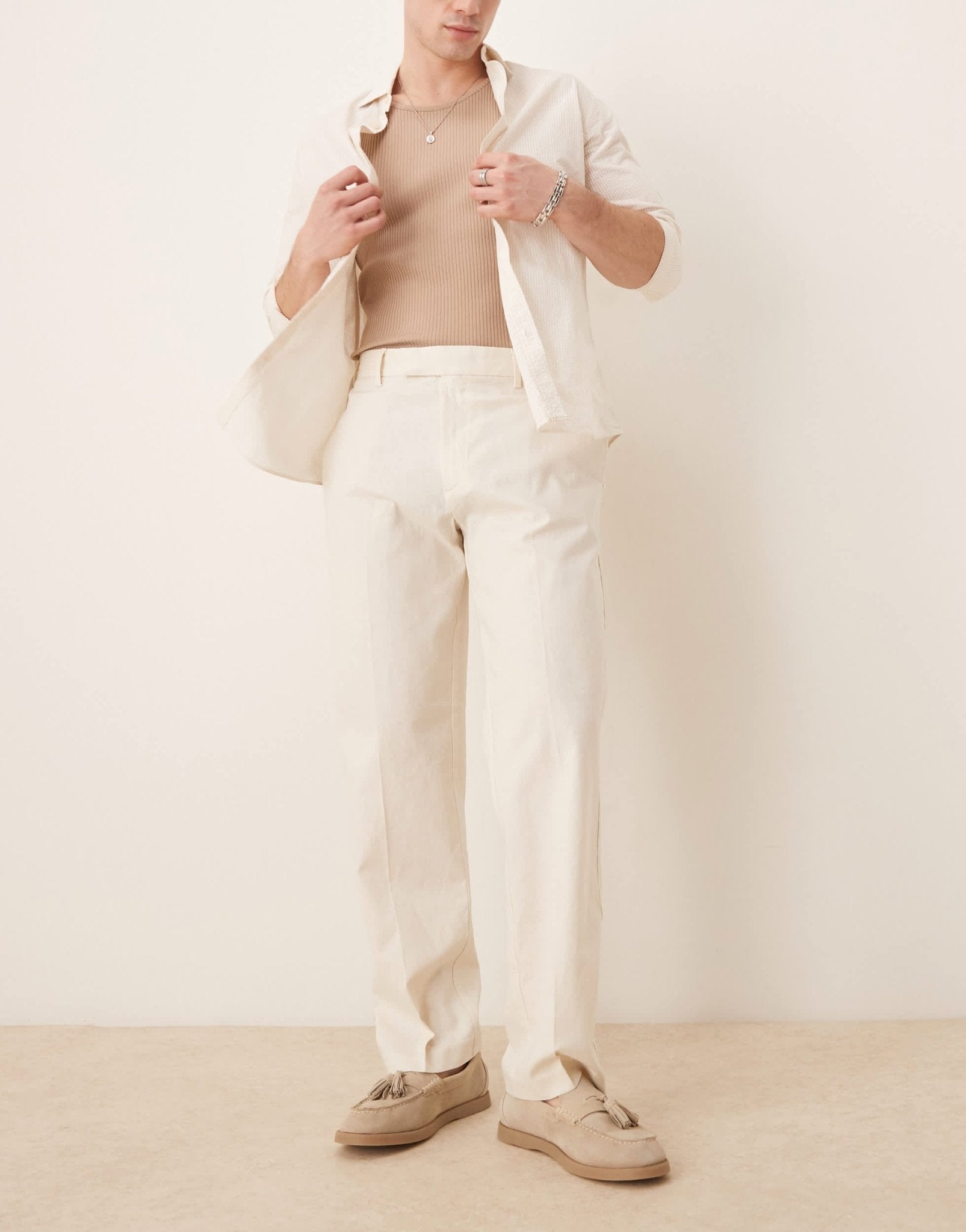 ASOS DESIGN smart straight leg linen blend trousers in ecru - ASOS Sample Sale EU Store