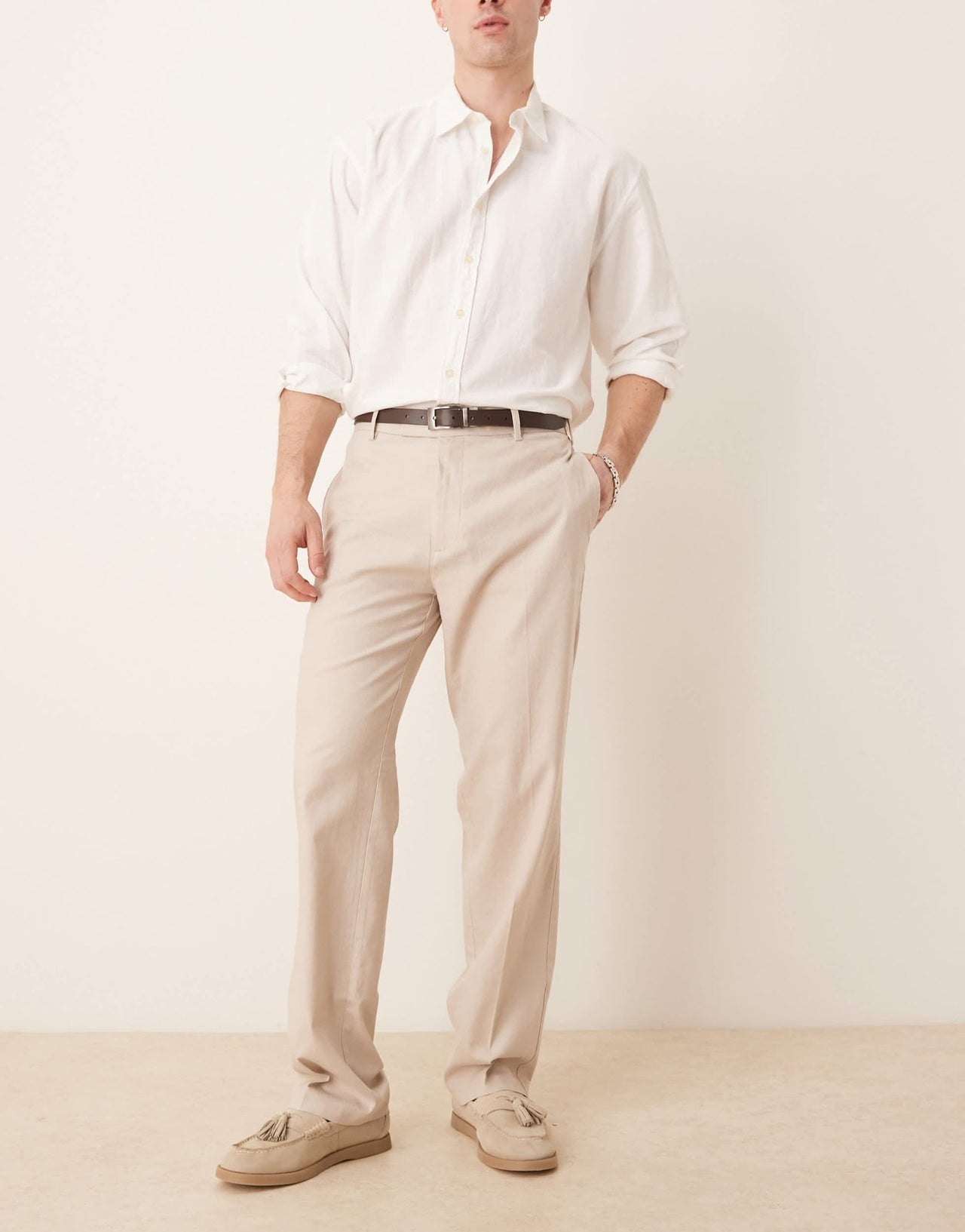 ASOS DESIGN smart straight leg linen blend trousers in stone - ASOS Sample Sale EU Store