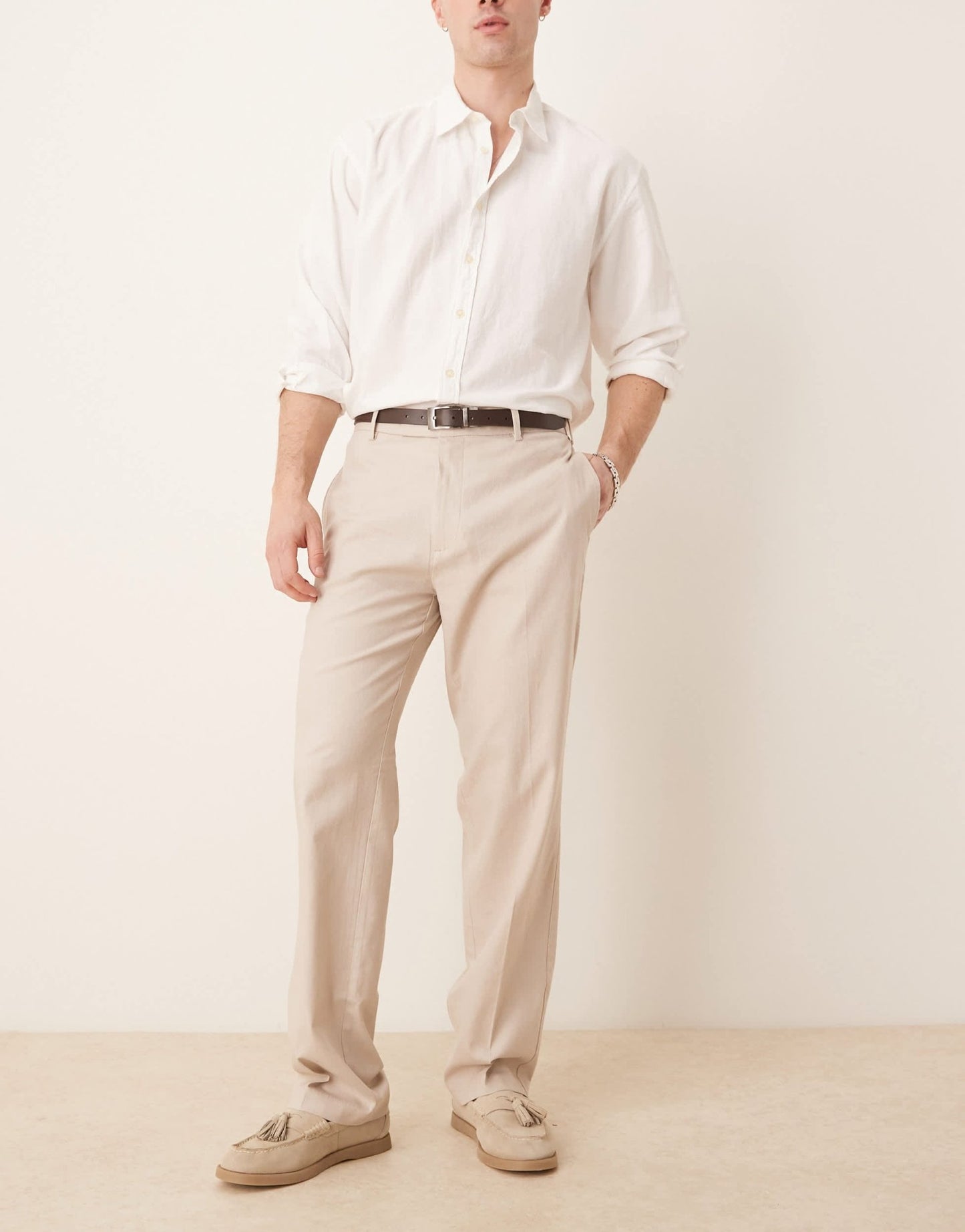 ASOS DESIGN smart straight leg linen blend trousers in stone - ASOS Sample Sale EU Store