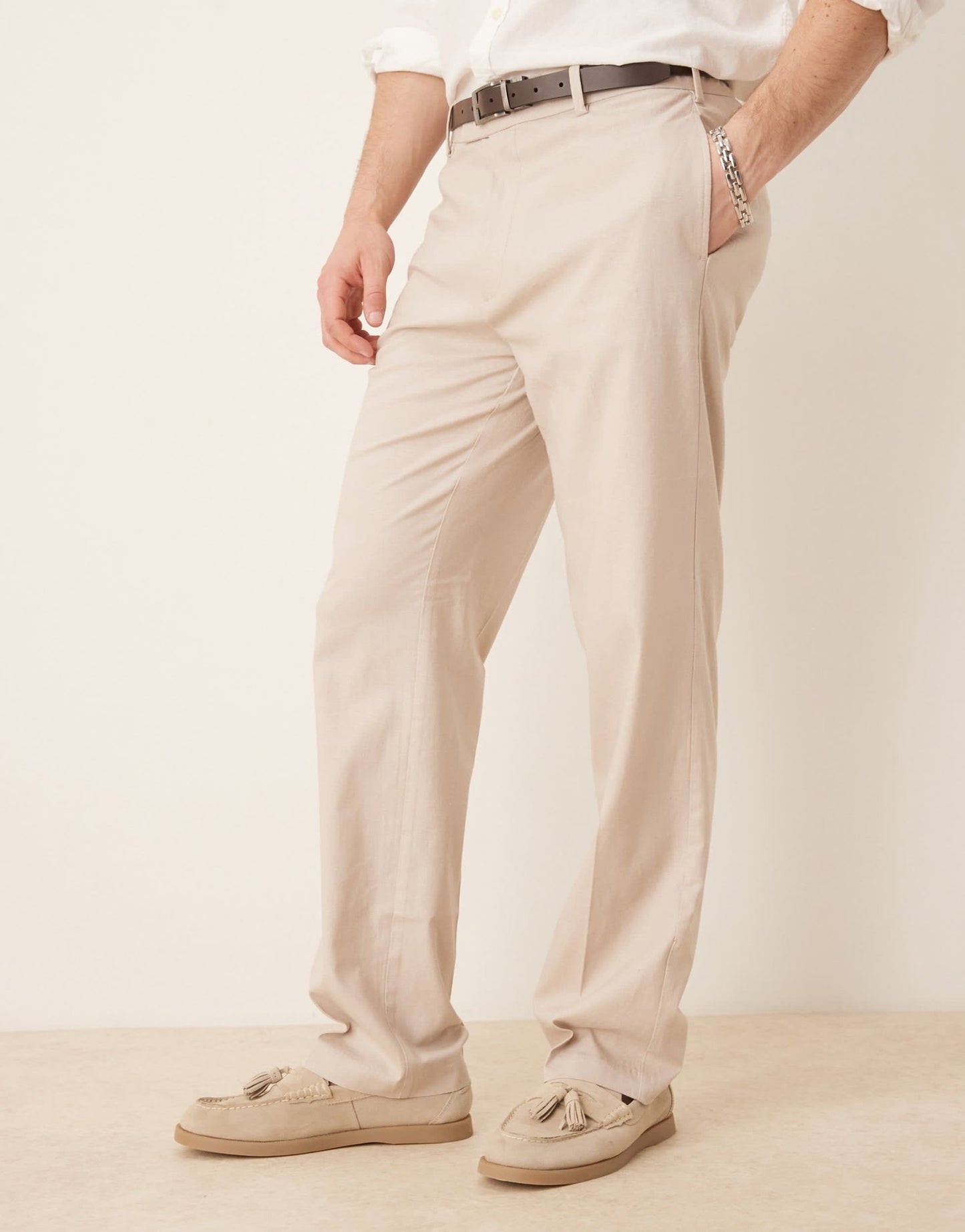 ASOS DESIGN smart straight leg linen blend trousers in stone - ASOS Sample Sale EU Store