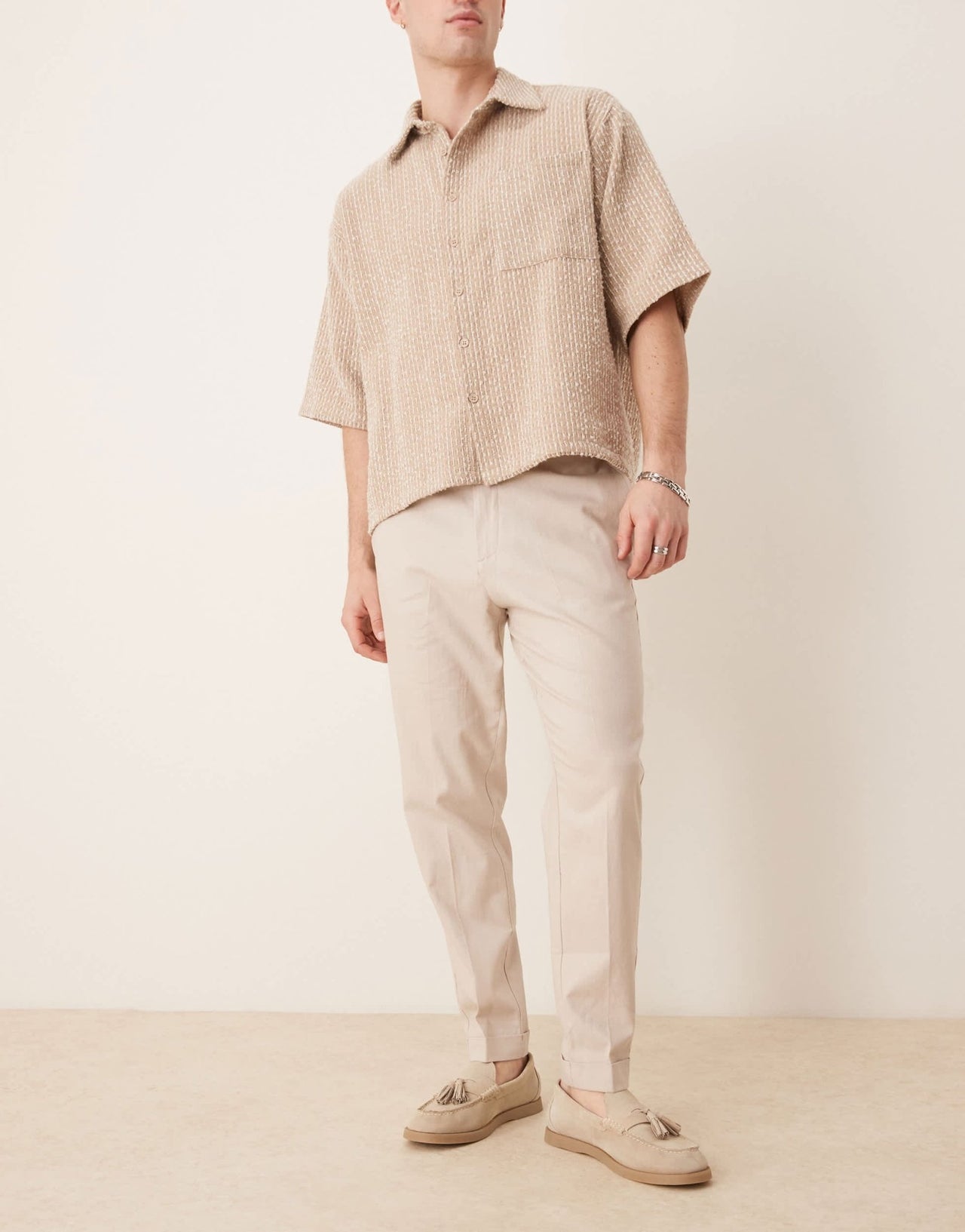ASOS DESIGN smart tapered fit linen blend trousers in stone with turnups - ASOS Sample Sale EU Store