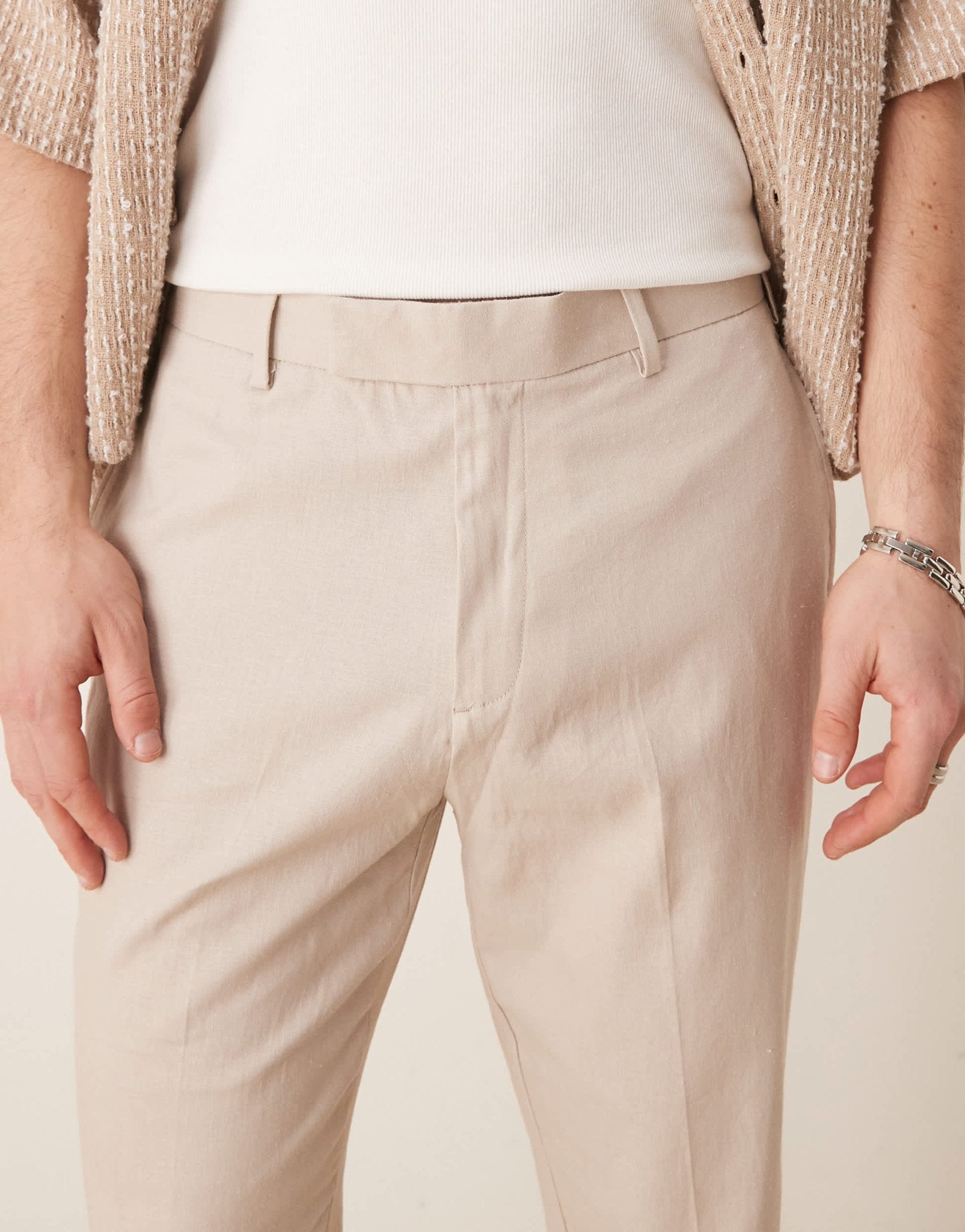 ASOS DESIGN smart tapered fit linen blend trousers in stone with turnups - ASOS Sample Sale EU Store