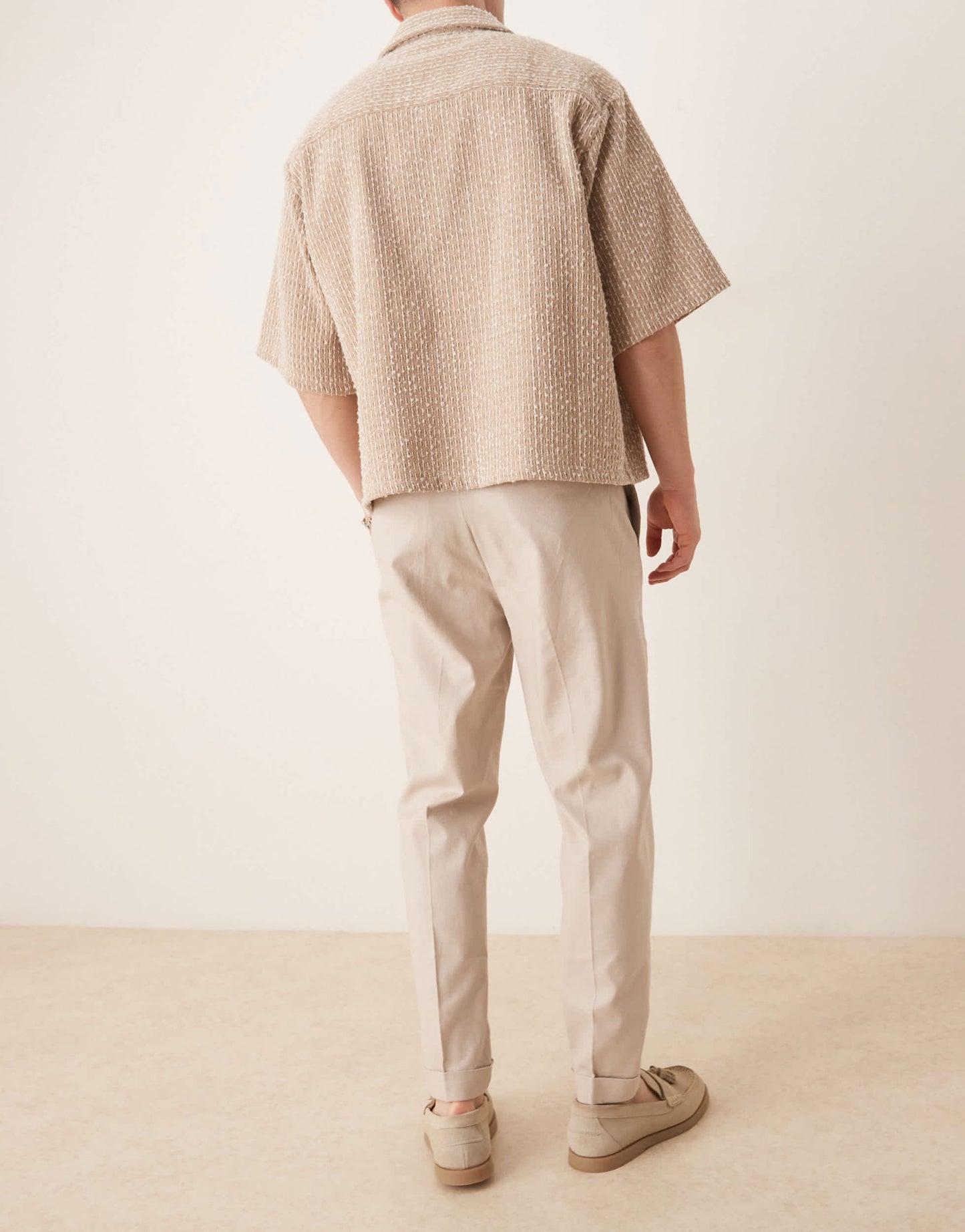 ASOS DESIGN smart tapered fit linen blend trousers in stone with turnups - ASOS Sample Sale EU Store