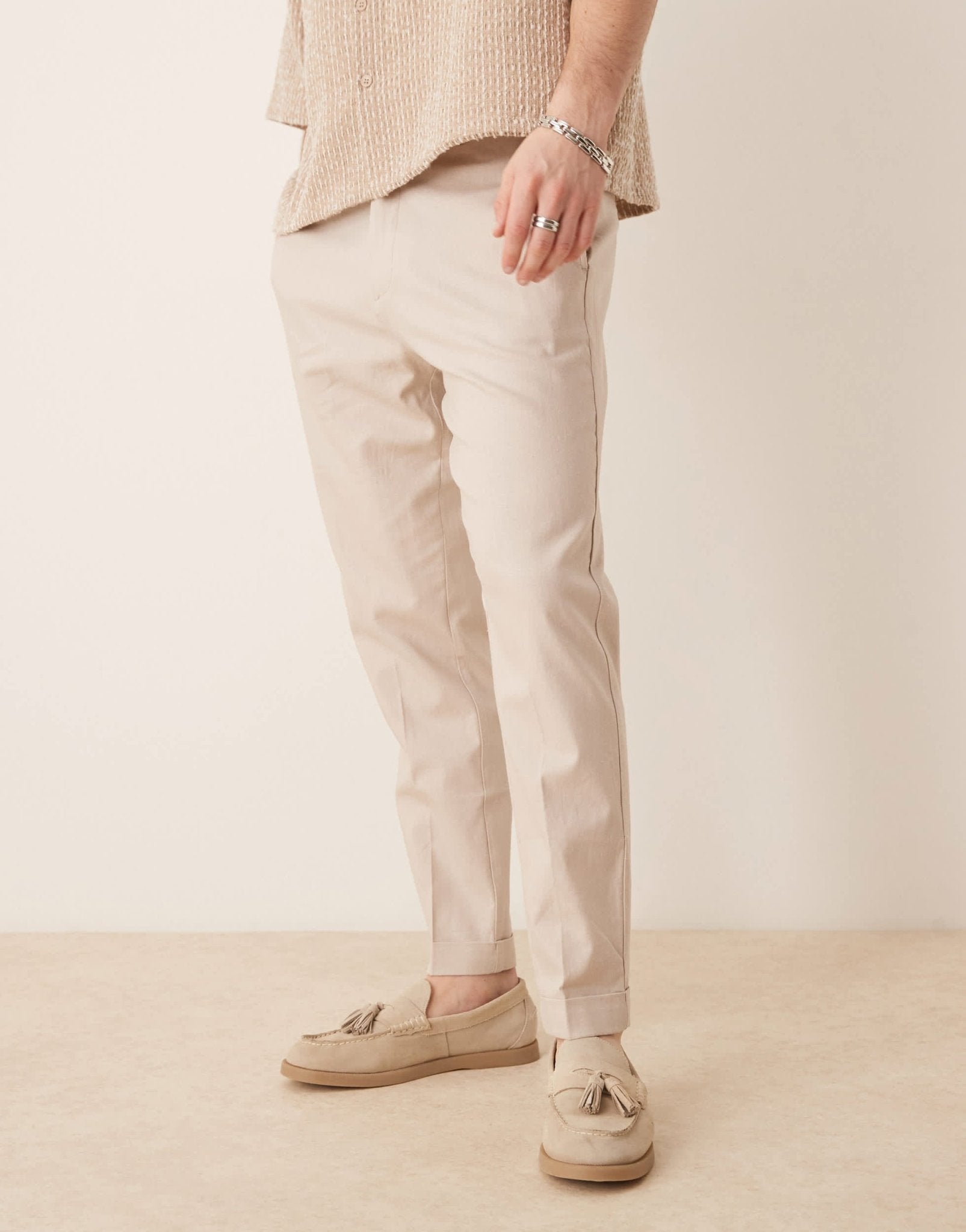 ASOS DESIGN smart tapered fit linen blend trousers in stone with turnups - ASOS Sample Sale EU Store