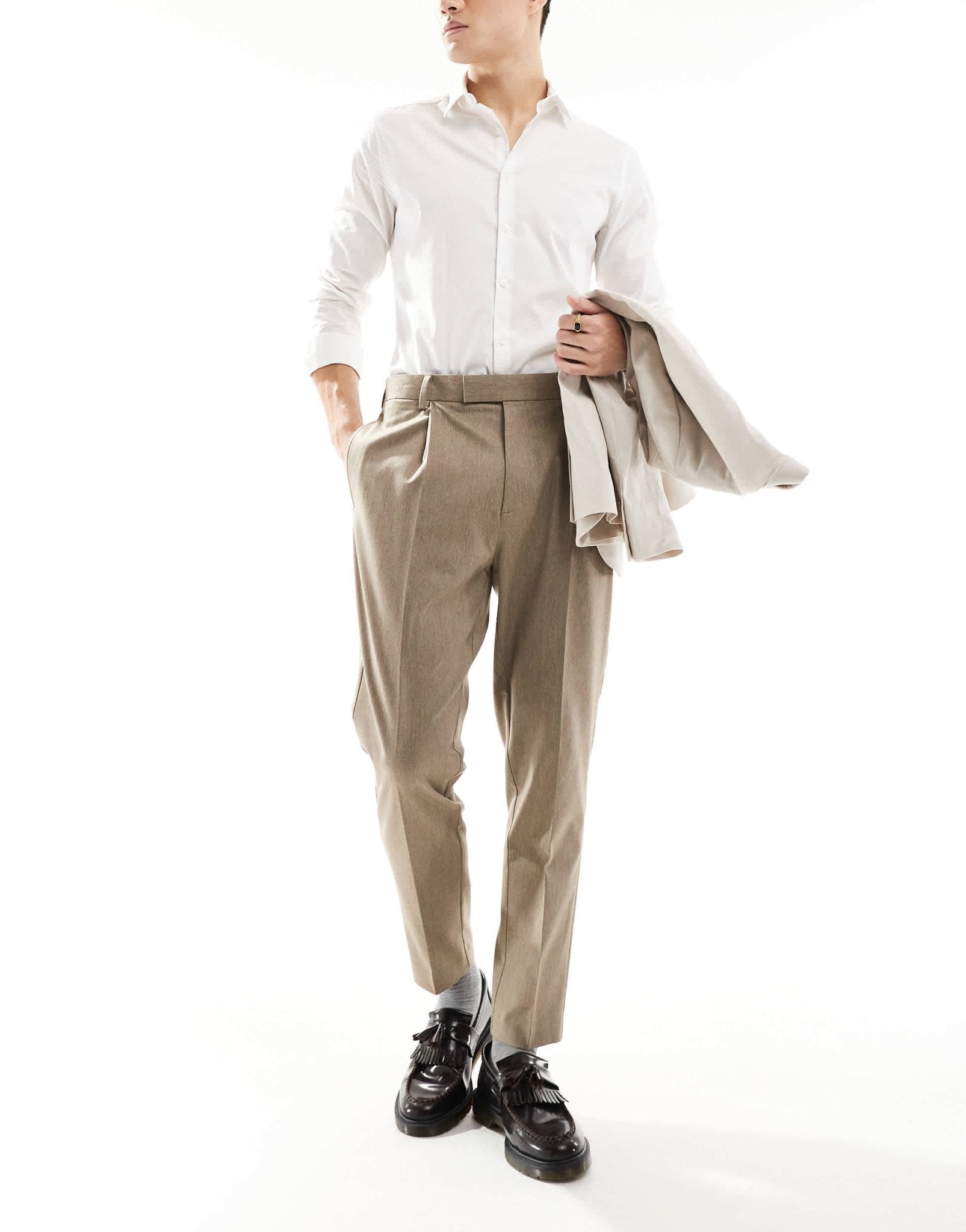 ASOS DESIGN smart tapered fit premium trousers in stone melange - ASOS Sample Sale EU Store