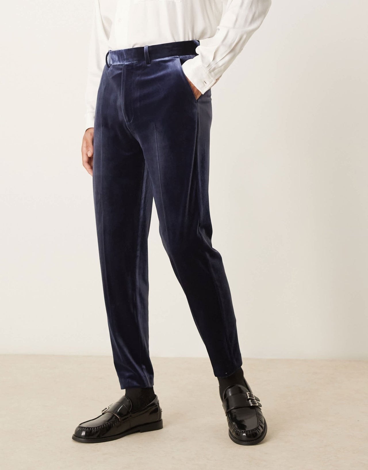 ASOS DESIGN smart tapered fit velvet trousers in navy - ASOS Sample Sale EU Store