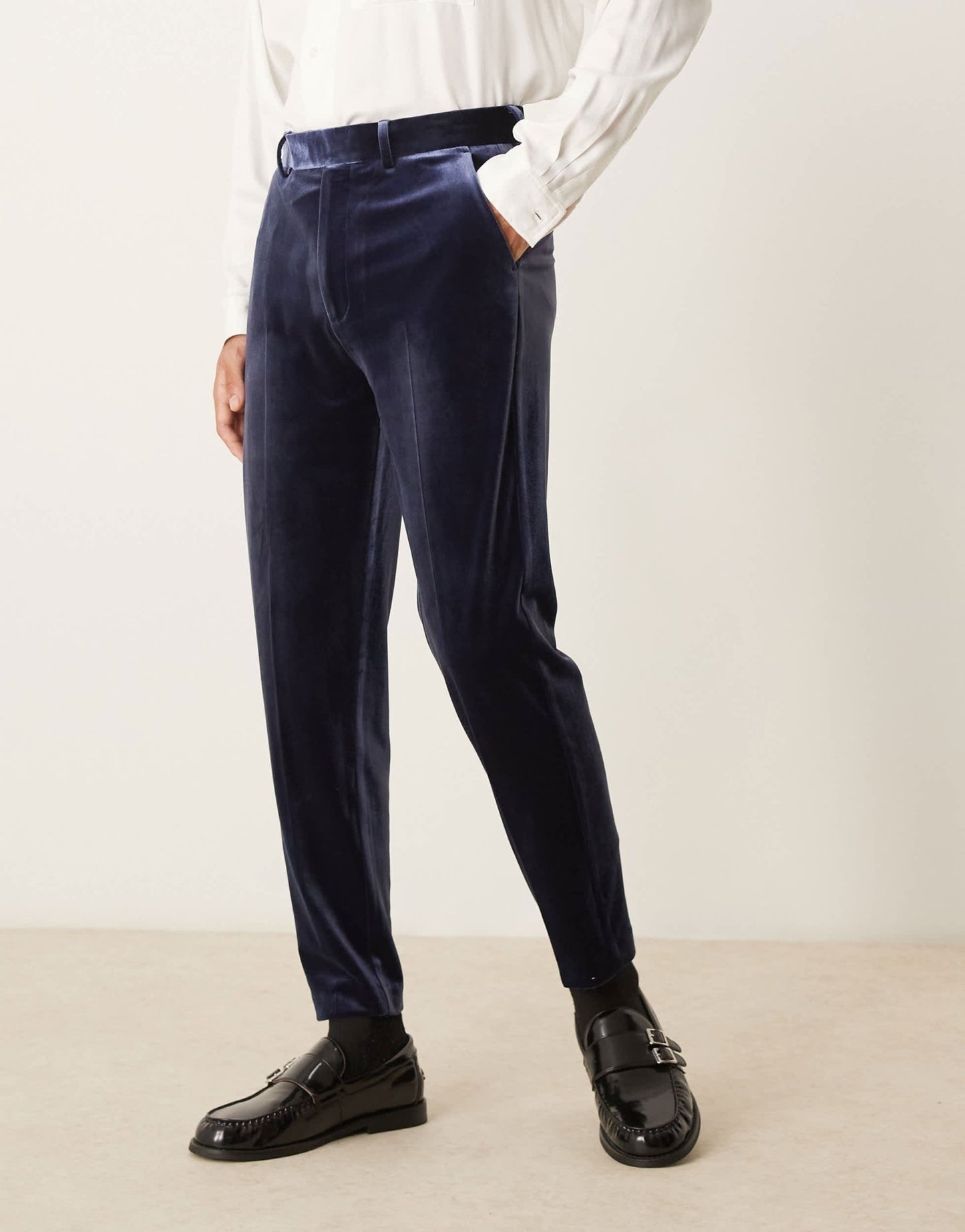 ASOS DESIGN smart tapered fit velvet trousers in navy - ASOS Sample Sale EU Store