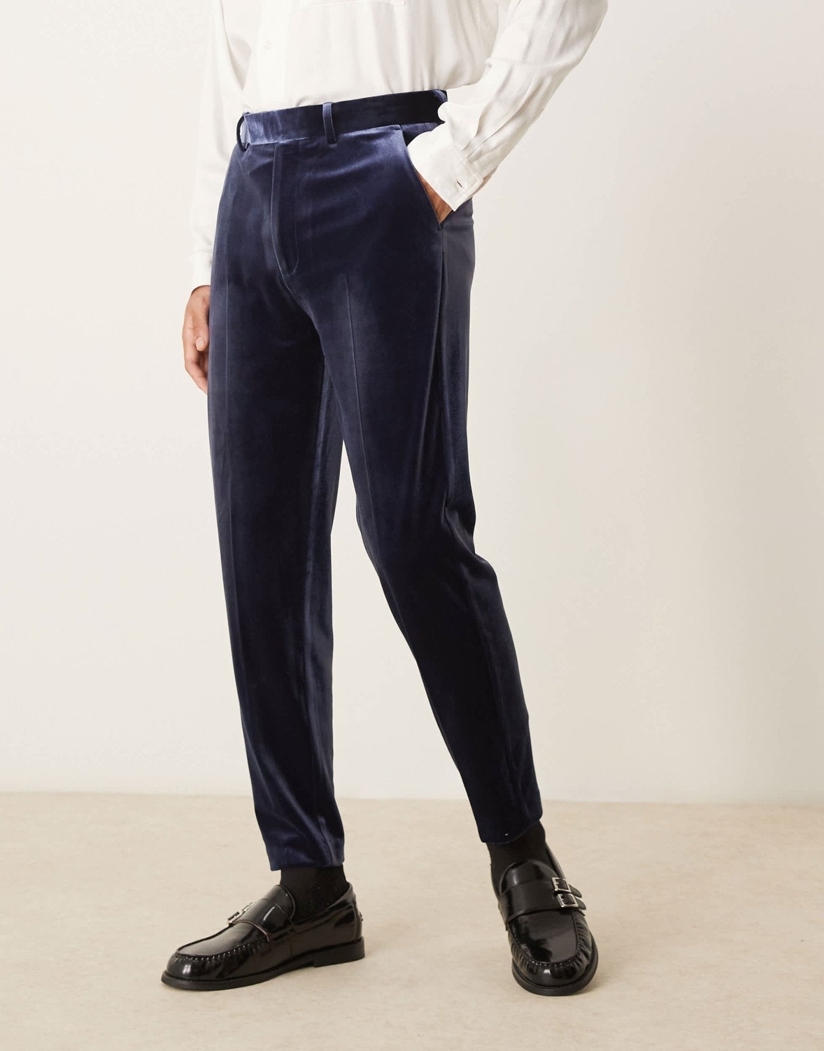 ASOS DESIGN smart tapered fit velvet trousers in navy - ASOS Sample Sale EU Store