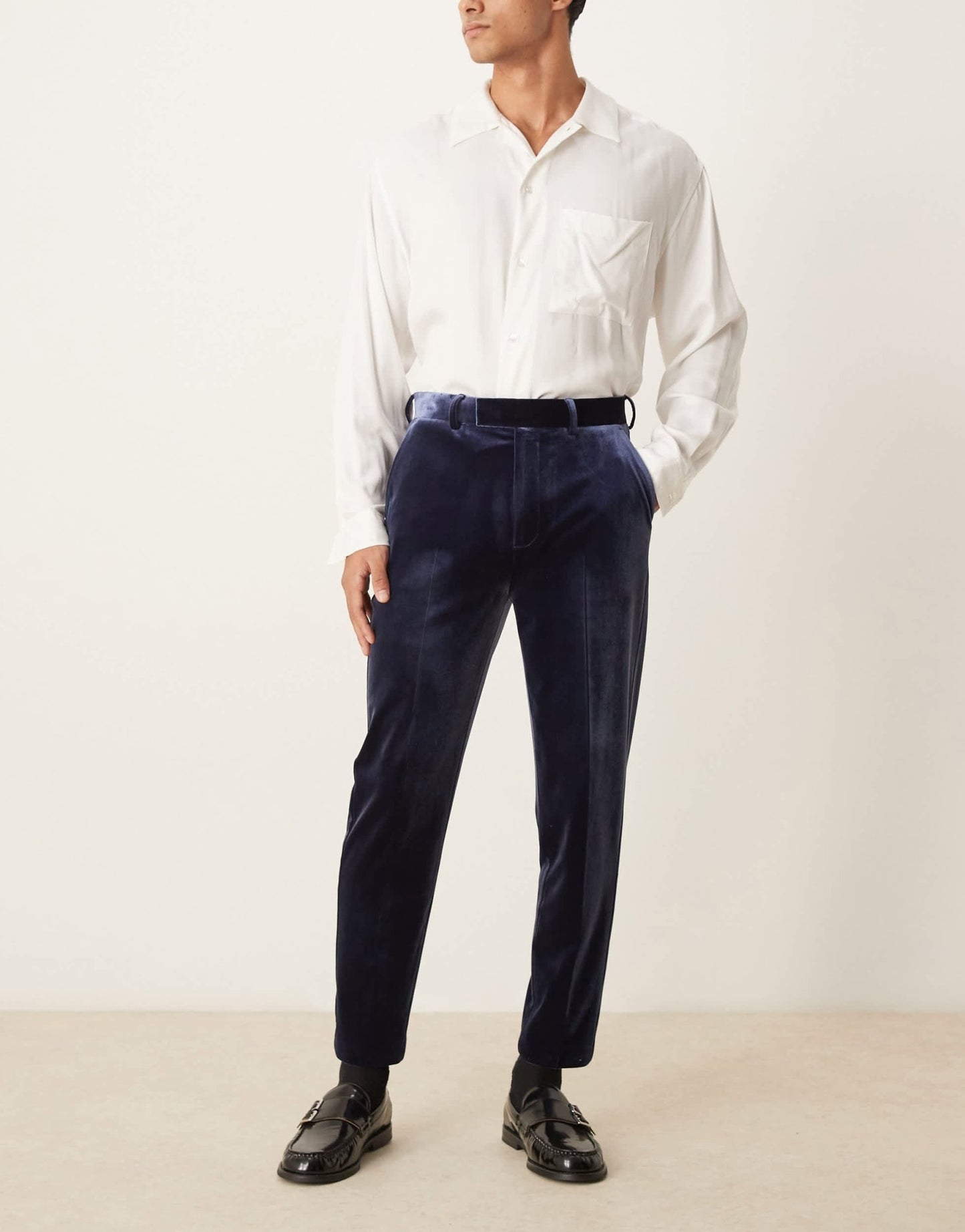 ASOS DESIGN smart tapered fit velvet trousers in navy - ASOS Sample Sale EU Store