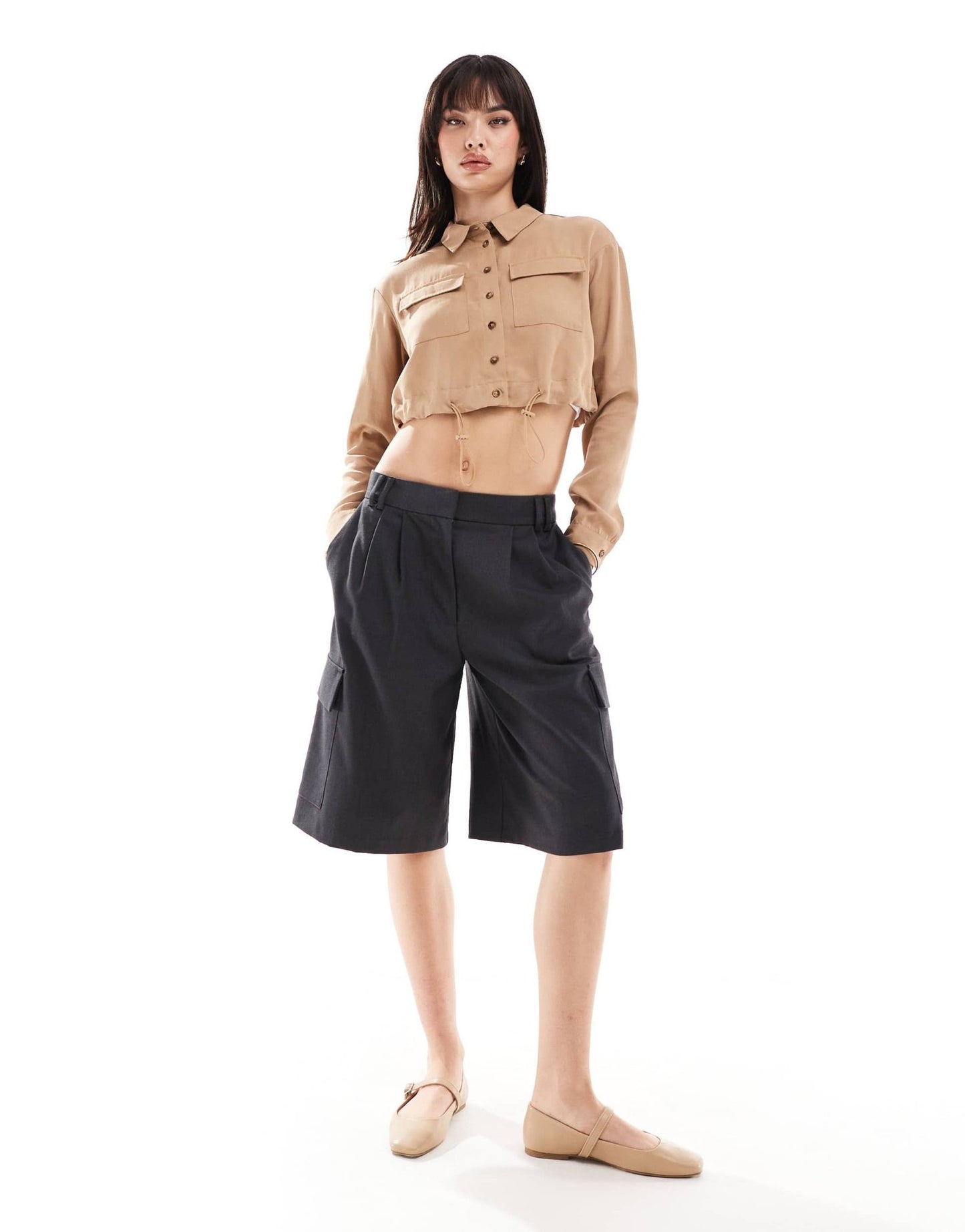 ASOS DESIGN soft crop shirt with drawstring in camel - ASOS Sample Sale EU Store