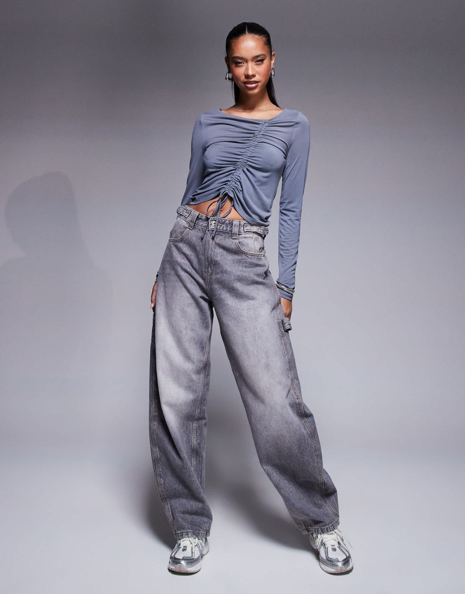 ASOS DESIGN soft handle long sleeve top with front asymmetric ruching in slate blue - ASOS Sample Sale EU Store