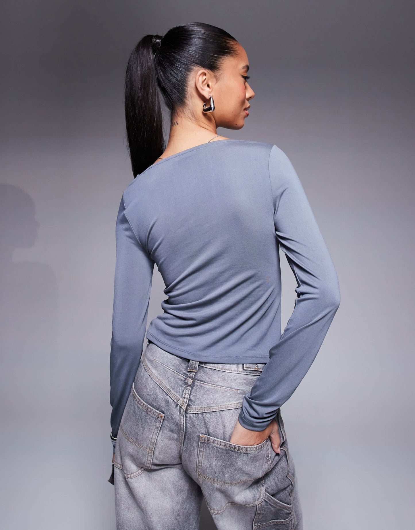 ASOS DESIGN soft handle long sleeve top with front asymmetric ruching in slate blue - ASOS Sample Sale EU Store