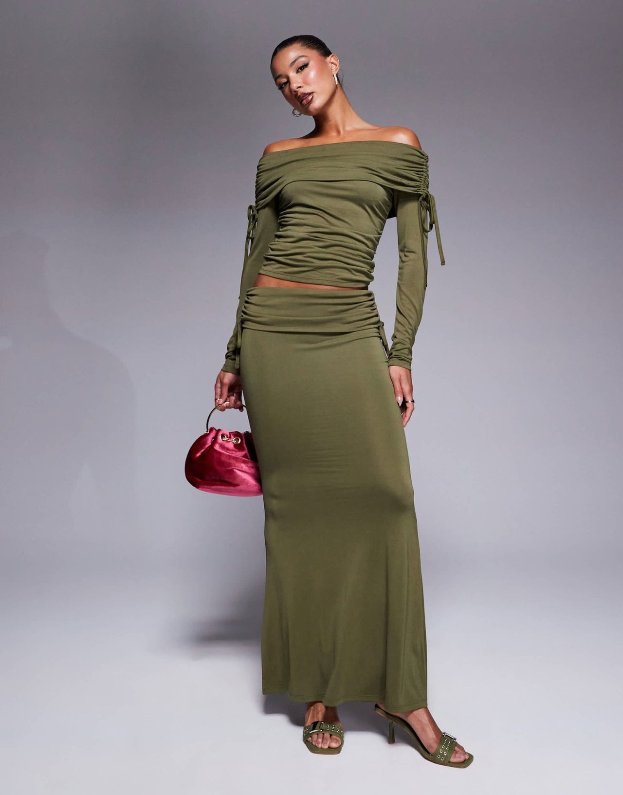ASOS DESIGN soft handle off shoulder ruched long sleeve top in olive - ASOS Sample Sale EU Store