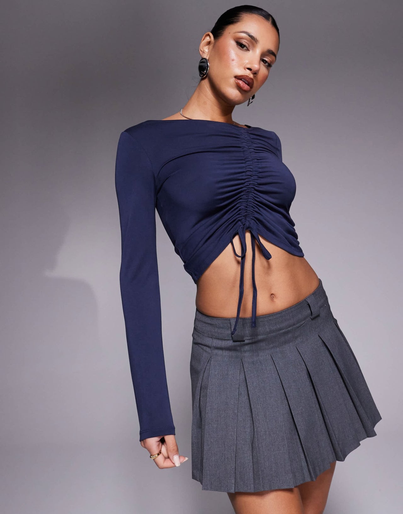 ASOS DESIGN soft handle wide long sleeve top with front asymmetric ruching in ink - ASOS Sample Sale EU Store