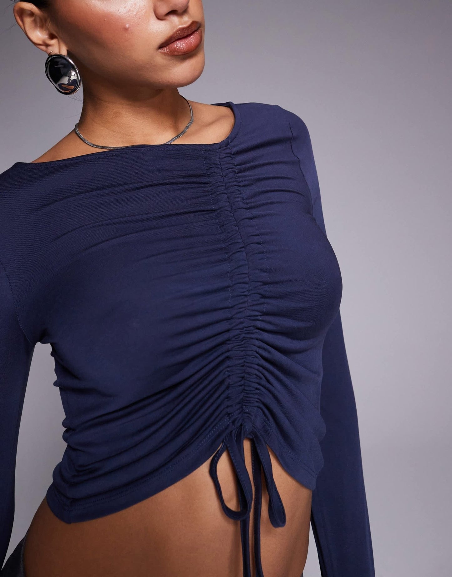 ASOS DESIGN soft handle wide long sleeve top with front asymmetric ruching in ink - ASOS Sample Sale EU Store