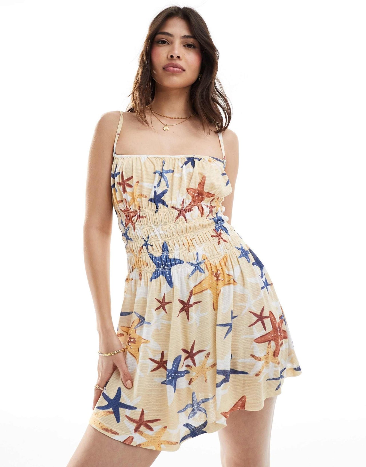 ASOS DESIGN square neck cami shirred bodice mini dress in starfish print - ASOS Sample Sale EU Store