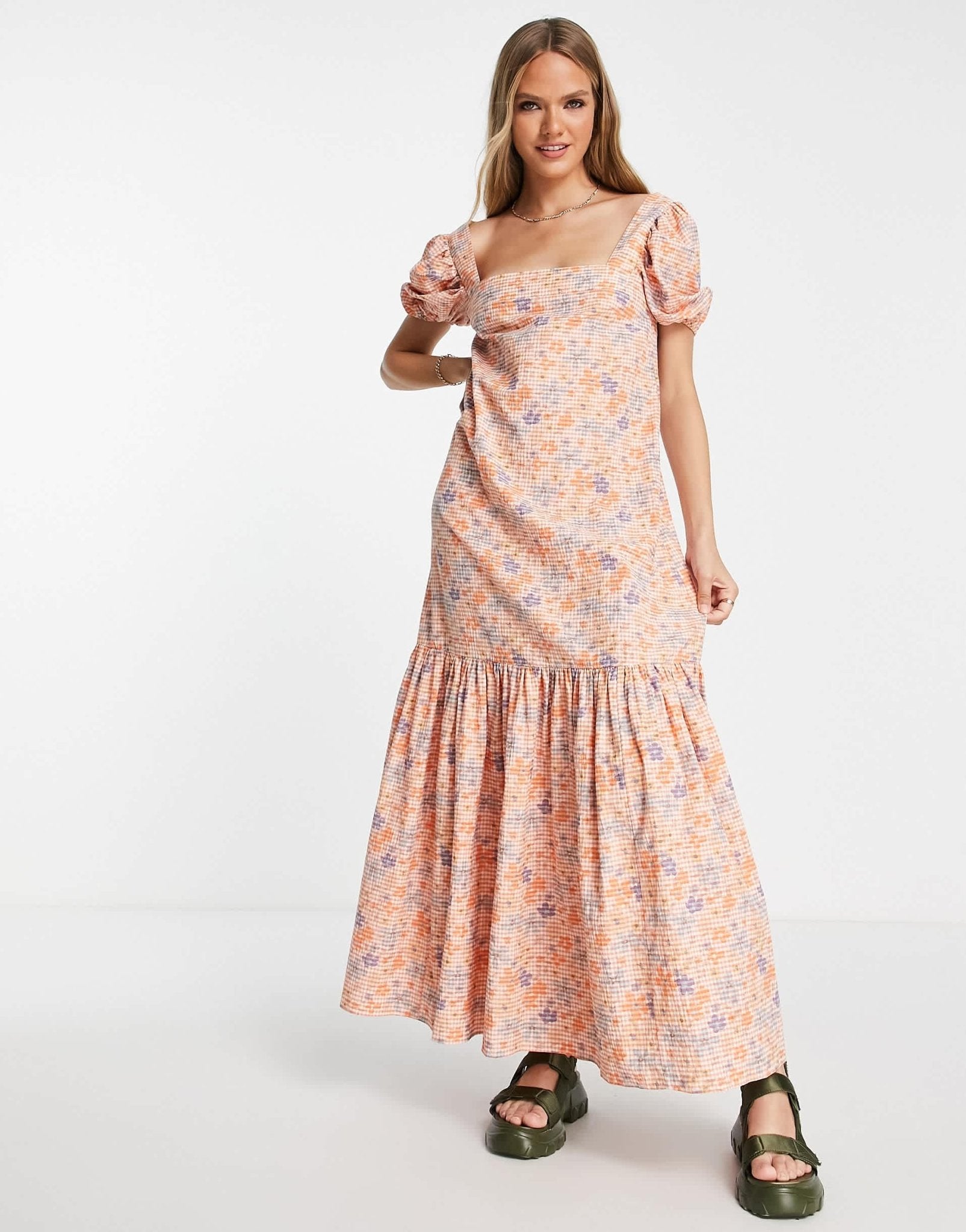 ASOS DESIGN square neck cross back maxi dress in orange daisy gingham - ASOS Sample Sale EU Store