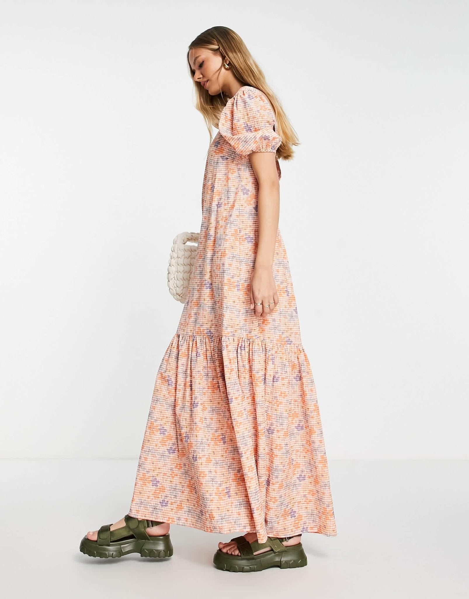 ASOS DESIGN square neck cross back maxi dress in orange daisy gingham - ASOS Sample Sale EU Store
