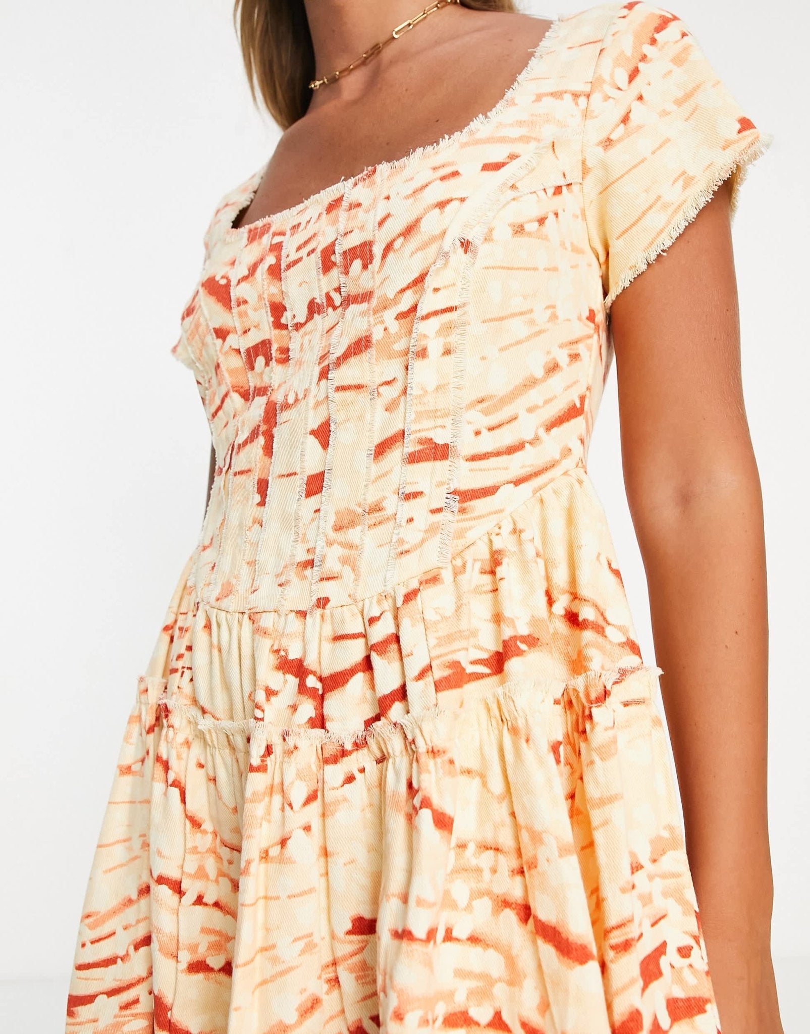 ASOS DESIGN square neck mini corset dress with raw edge detail in sunbleached abstract print - ASOS Sample Sale EU Store