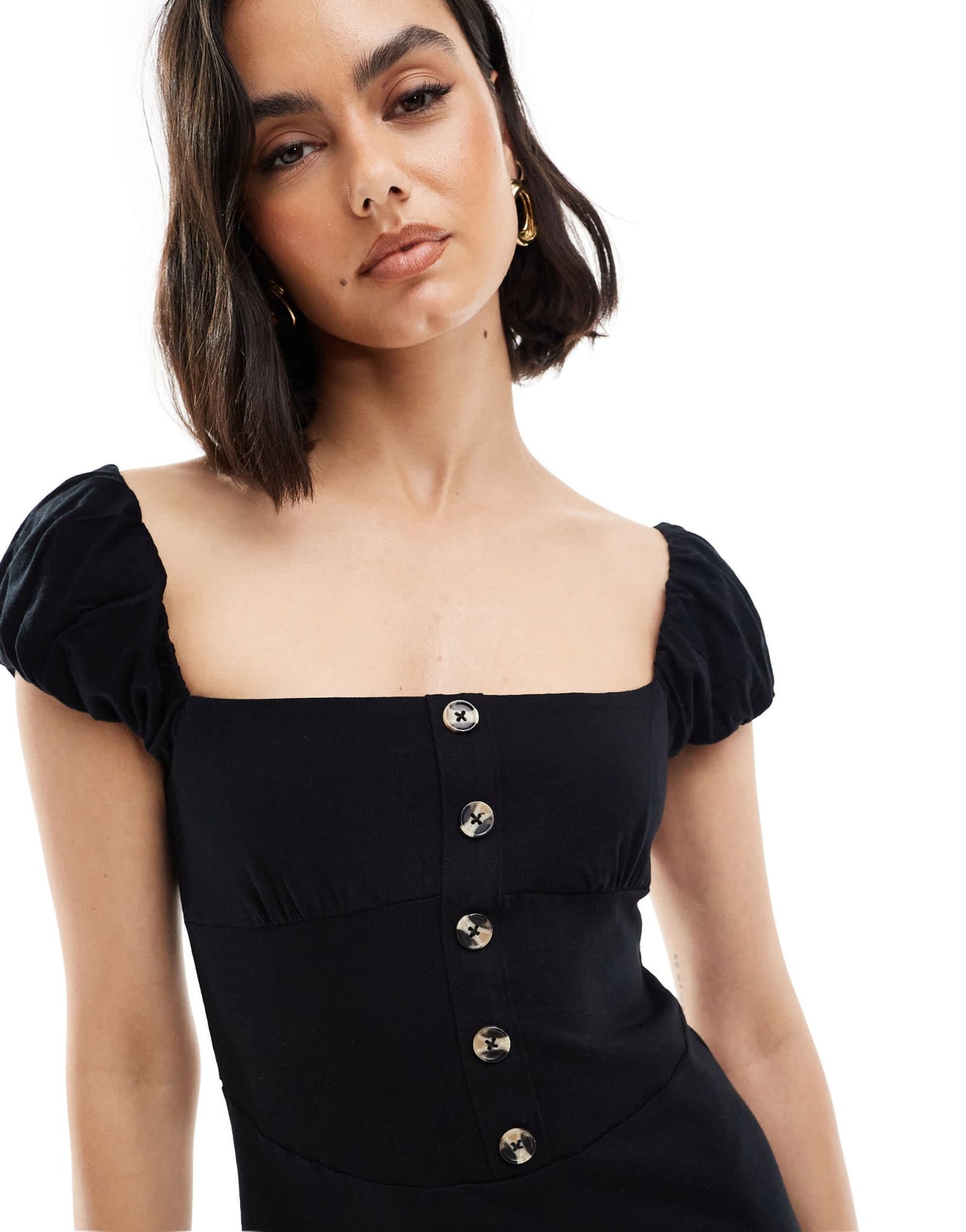 ASOS DESIGN square neck mini dress with puff sleeve and button front in black - ASOS Sample Sale EU Store