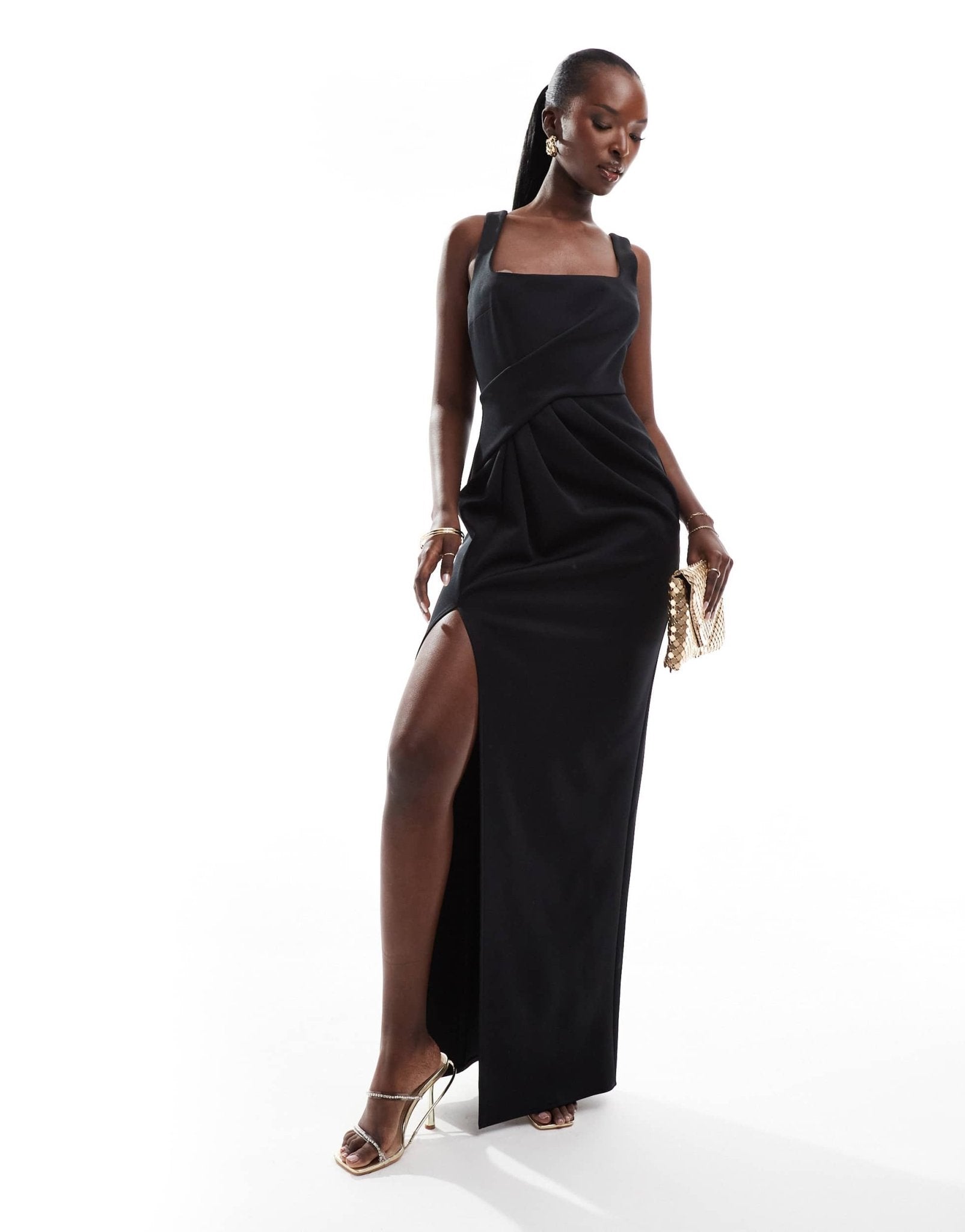 ASOS DESIGN square neck pleat detail maxi dress in black - ASOS Sample Sale EU Store