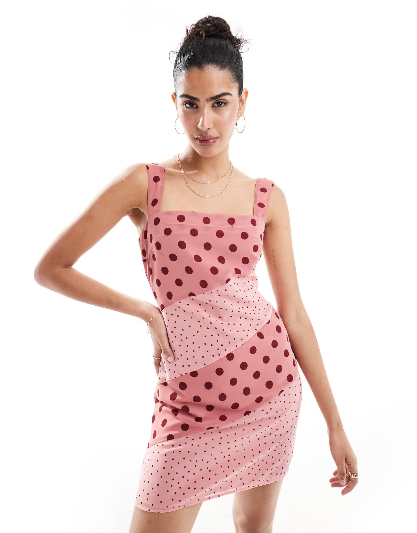 ASOS DESIGN square neck pleated chiffon mini dress in pink spot print - ASOS Sample Sale EU Store