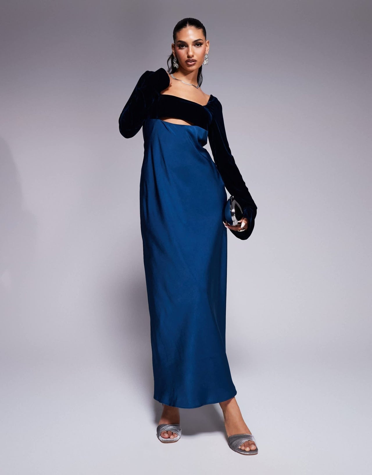 ASOS DESIGN square neck velvet satin mix midaxi dress with cut out in blue - ASOS Sample Sale EU Store