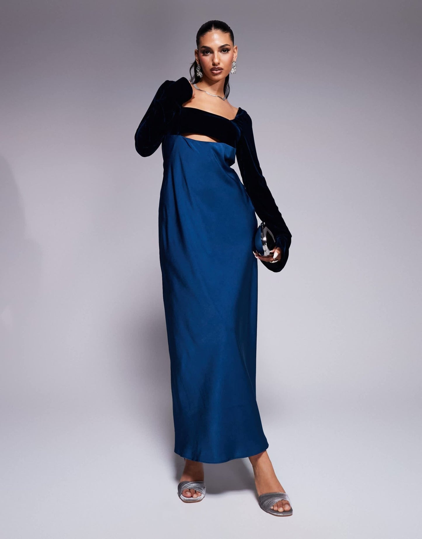 ASOS DESIGN square neck velvet satin mix midaxi dress with cut out in blue - ASOS Sample Sale EU Store
