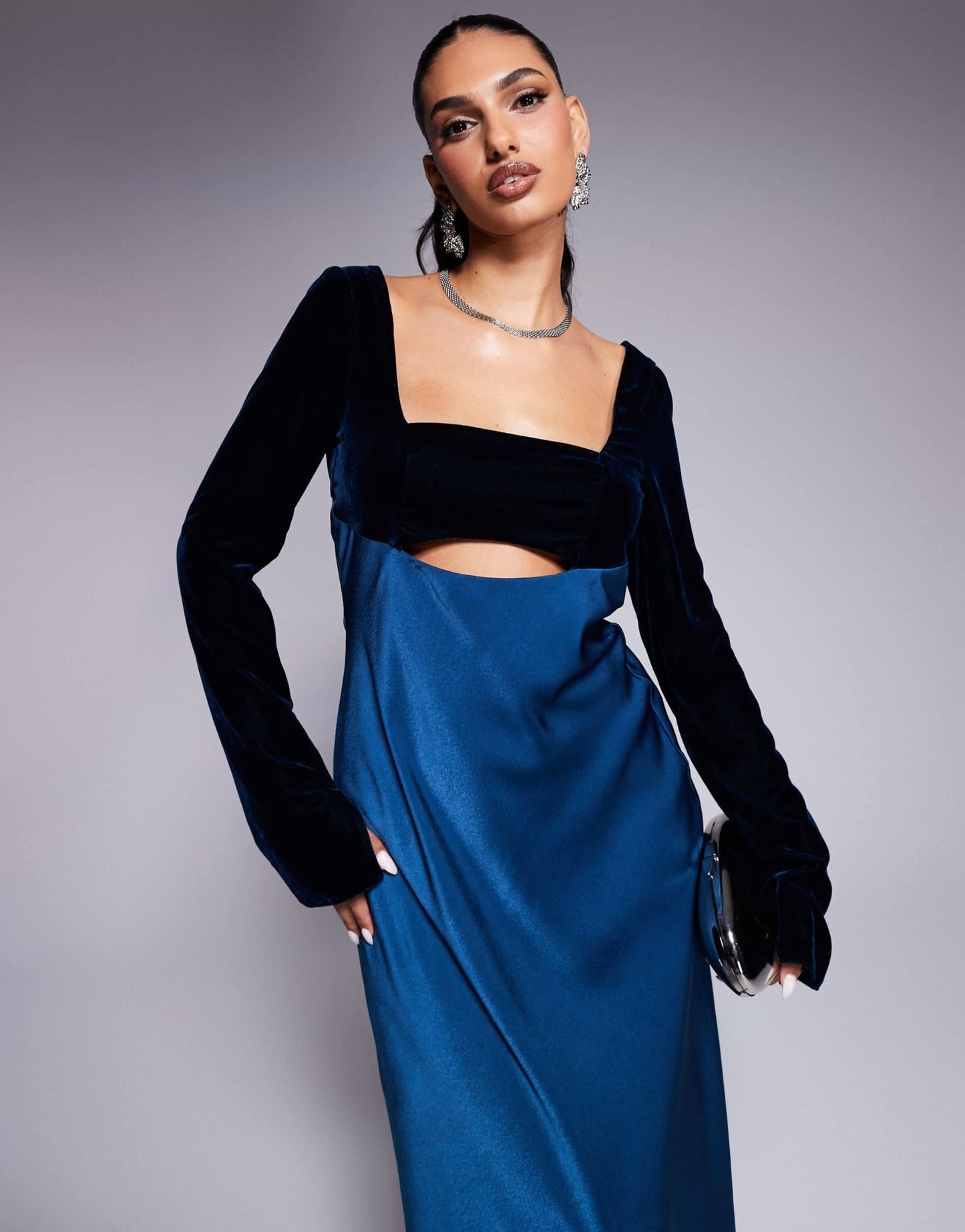 ASOS DESIGN square neck velvet satin mix midaxi dress with cut out in blue - ASOS Sample Sale EU Store