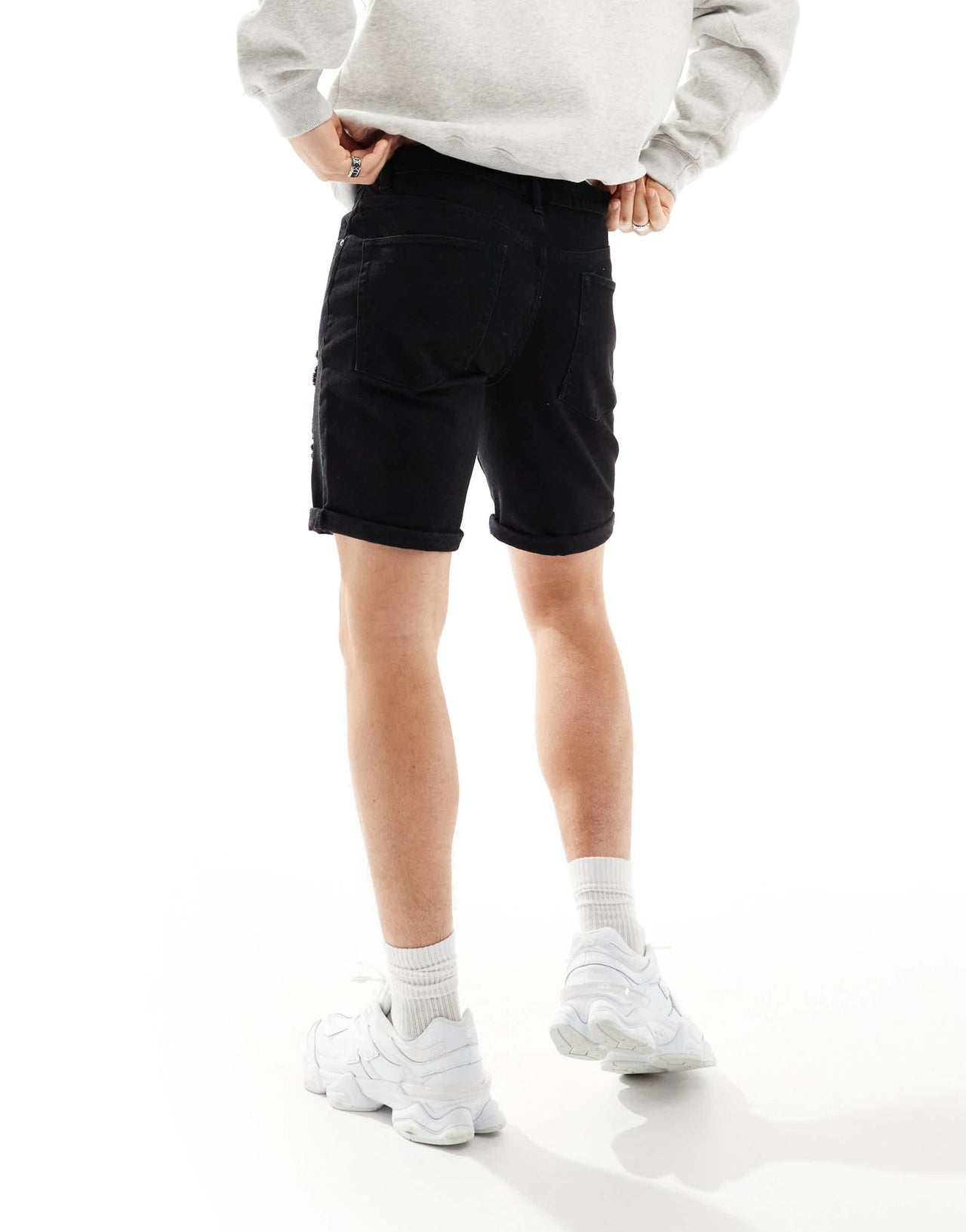 ASOS DESIGN standard length slim denim shorts with rips in washed black - ASOS Sample Sale EU Store