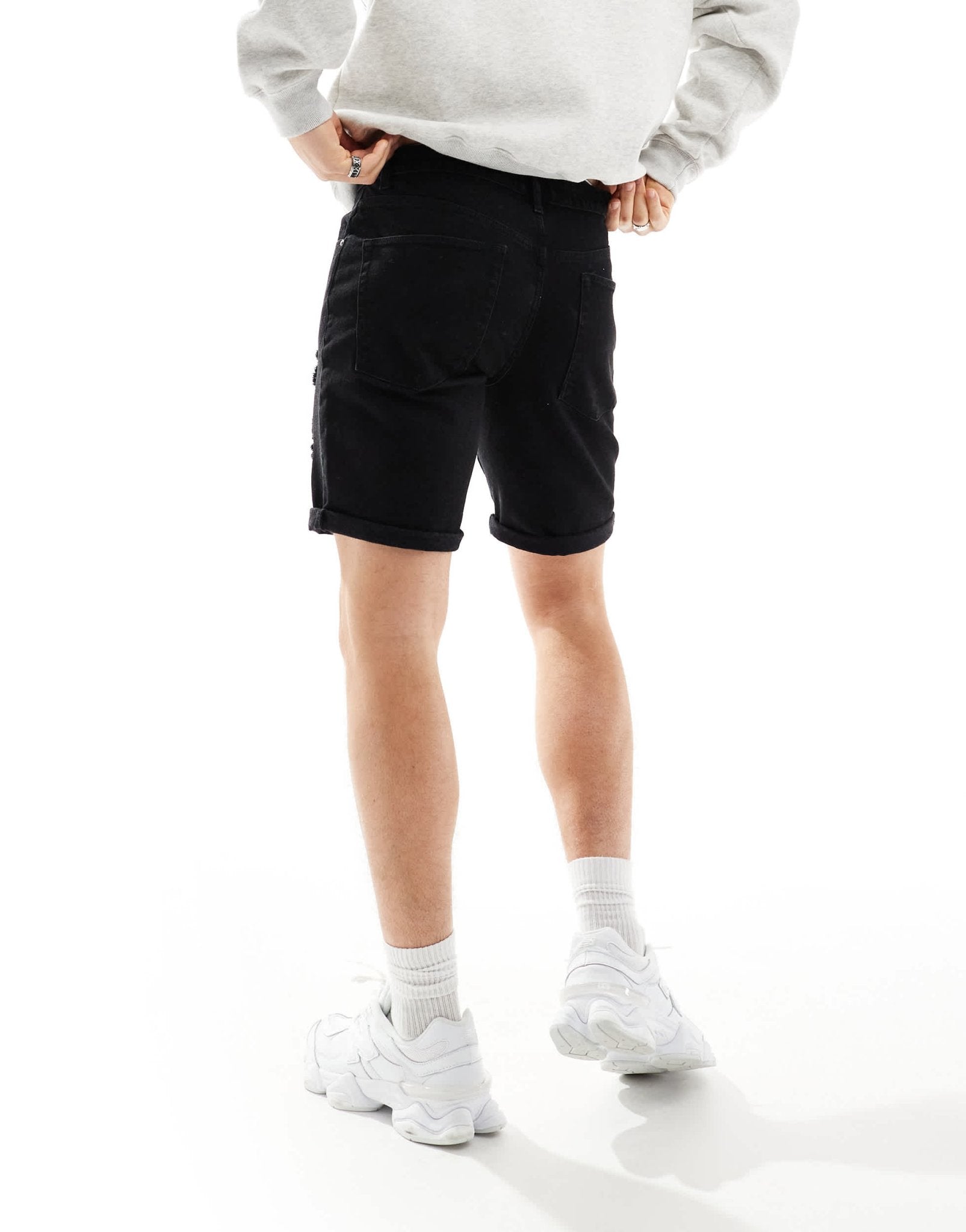 ASOS DESIGN standard length slim denim shorts with rips in washed black - ASOS Sample Sale EU Store