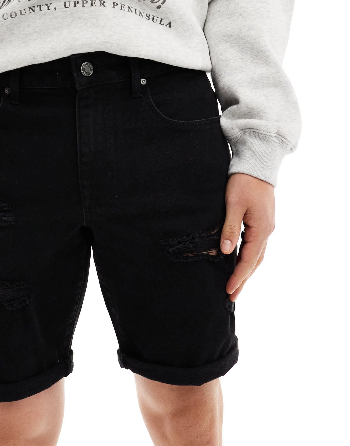 ASOS DESIGN standard length slim denim shorts with rips in washed black - ASOS Sample Sale EU Store