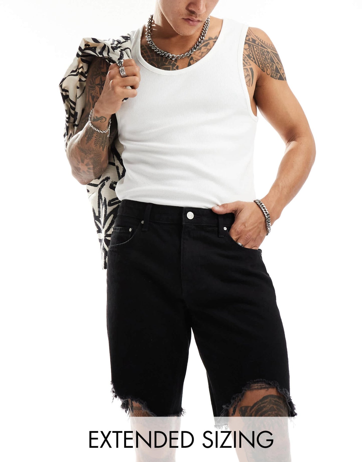 ASOS DESIGN standard length vintage slim denim shorts with rip hem in black - ASOS Sample Sale EU Store