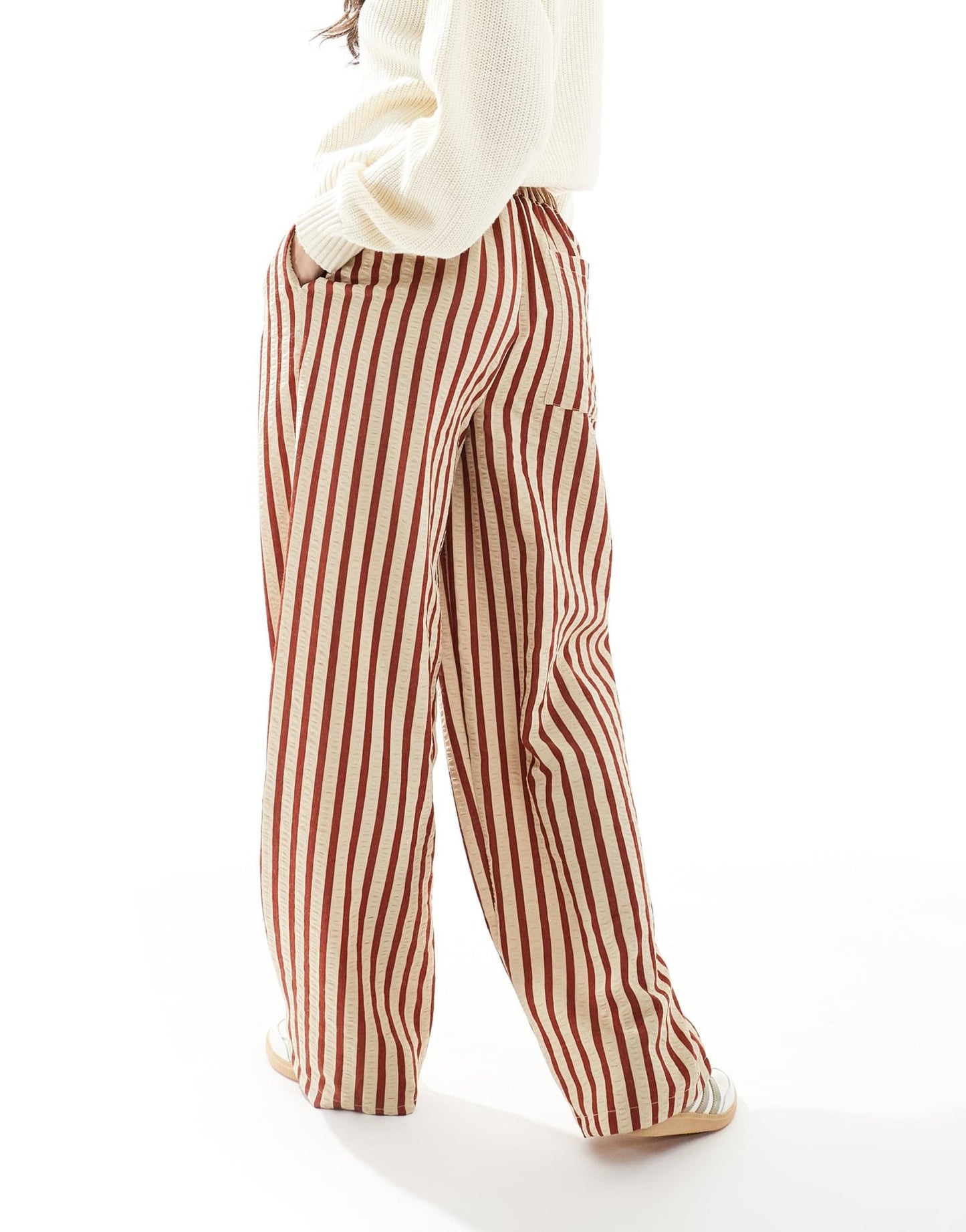 ASOS DESIGN straight leg seersucker trousers in rust stripe - ASOS Sample Sale EU Store