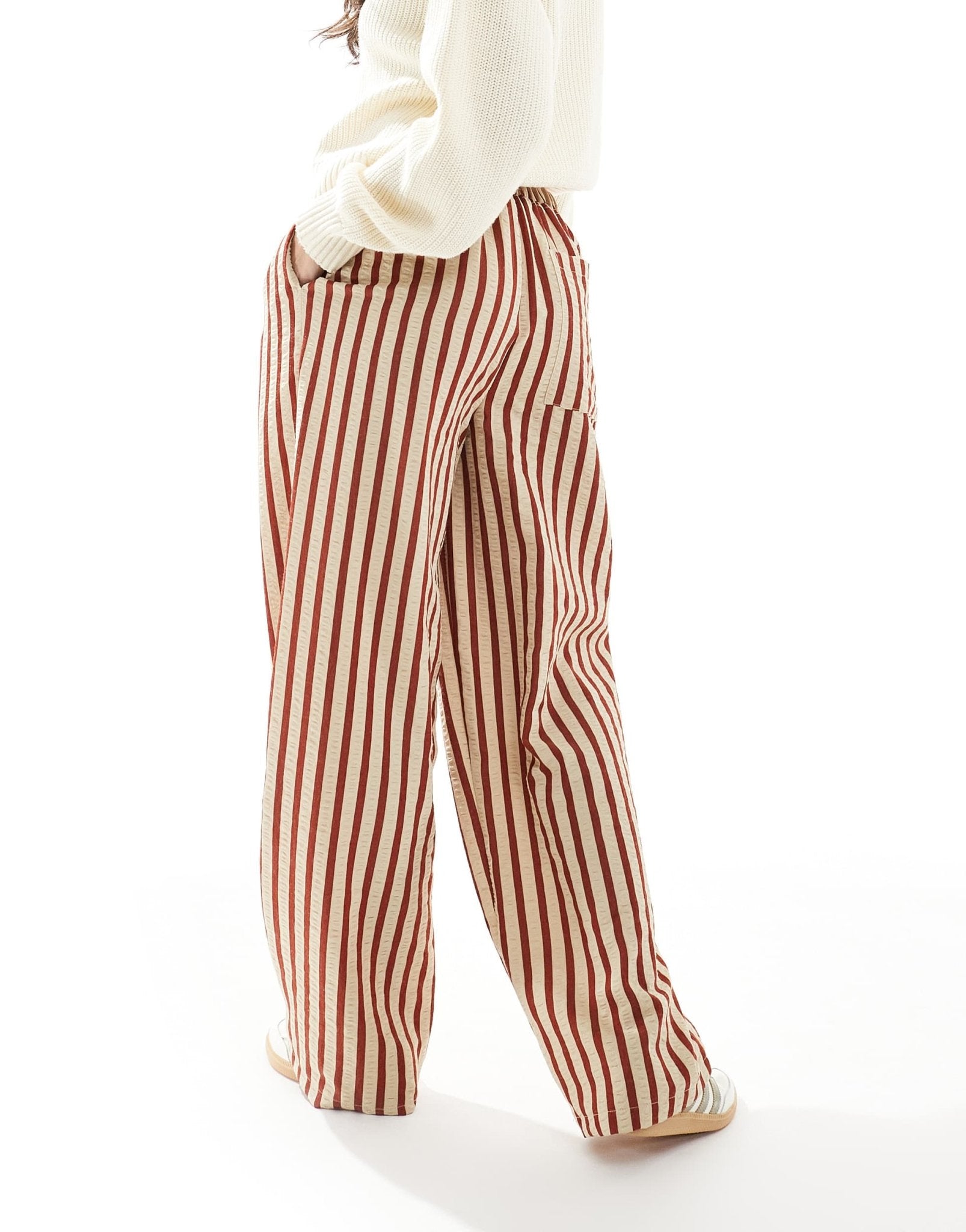 ASOS DESIGN straight leg seersucker trousers in rust stripe - ASOS Sample Sale EU Store