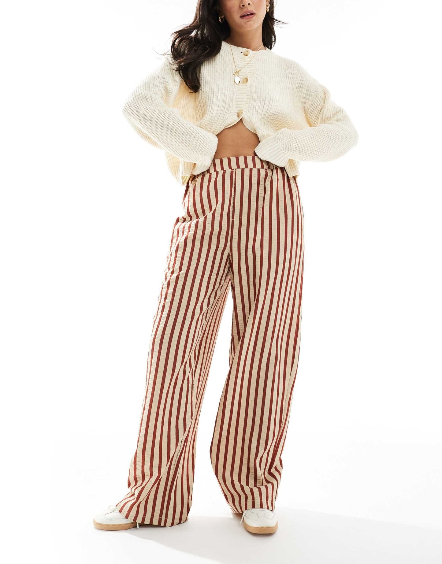 ASOS DESIGN straight leg seersucker trousers in rust stripe - ASOS Sample Sale EU Store