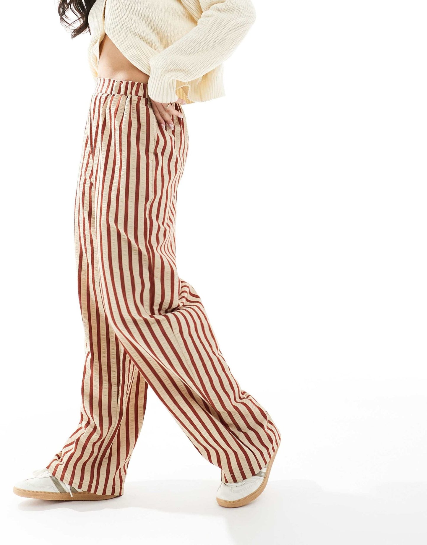 ASOS DESIGN straight leg seersucker trousers in rust stripe - ASOS Sample Sale EU Store