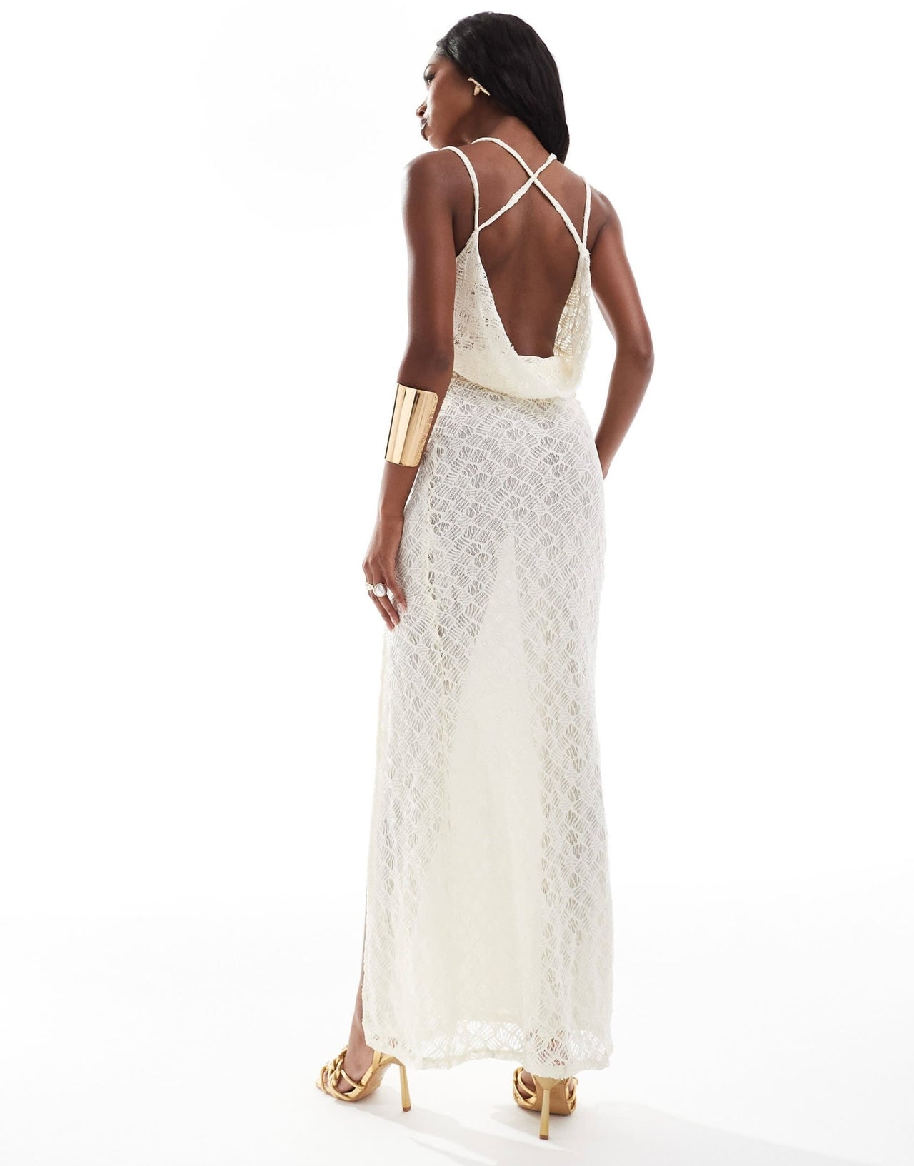 ASOS DESIGN strappy sheer cowl midi dress with drape skirt in cream lace - ASOS Sample Sale EU Store