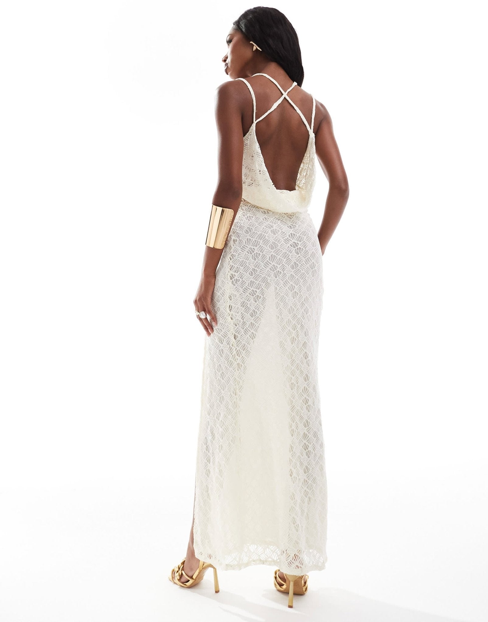 ASOS DESIGN strappy sheer cowl midi dress with drape skirt in cream lace - ASOS Sample Sale EU Store