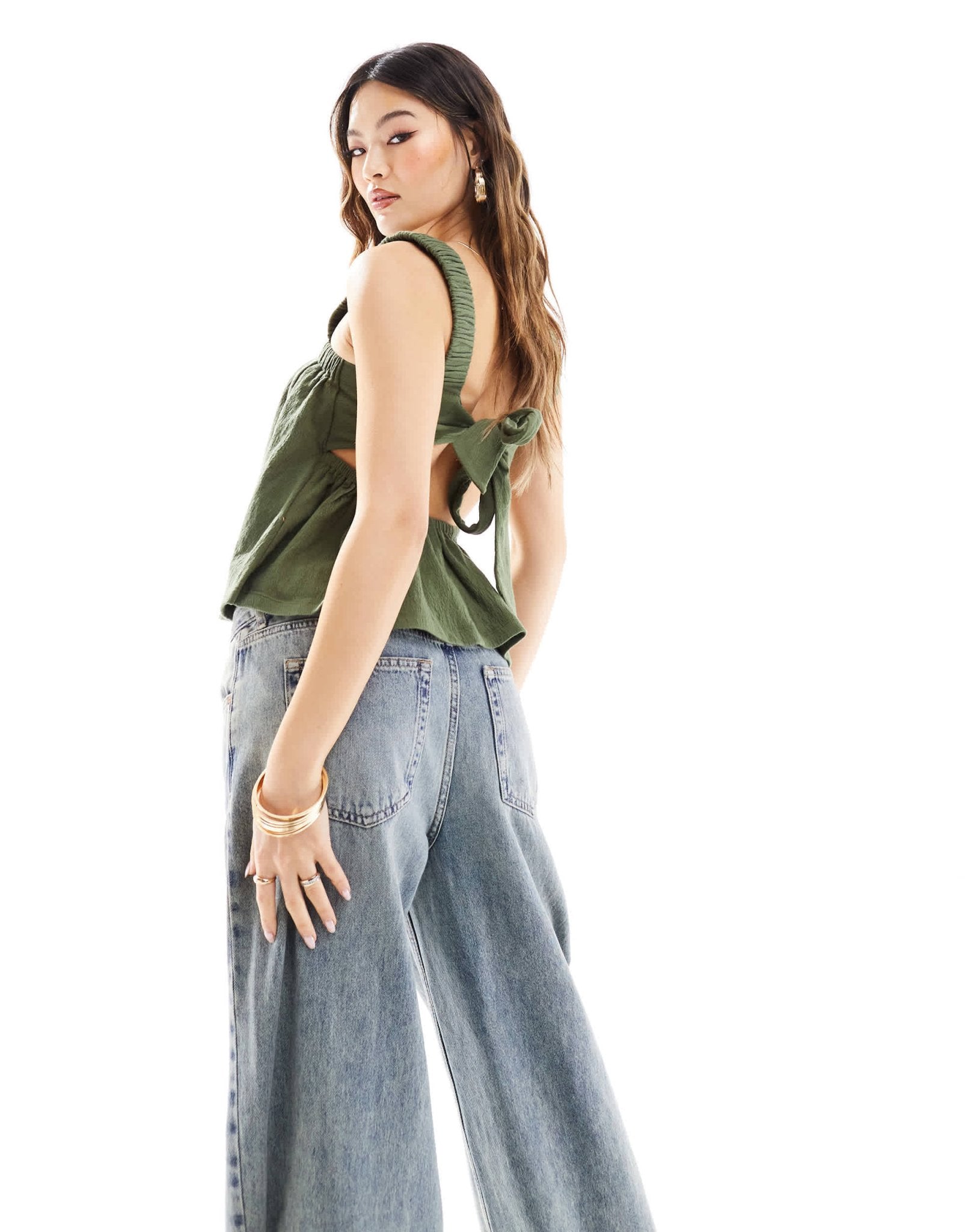 ASOS DESIGN strappy tie back smock top in khaki - ASOS Sample Sale EU Store