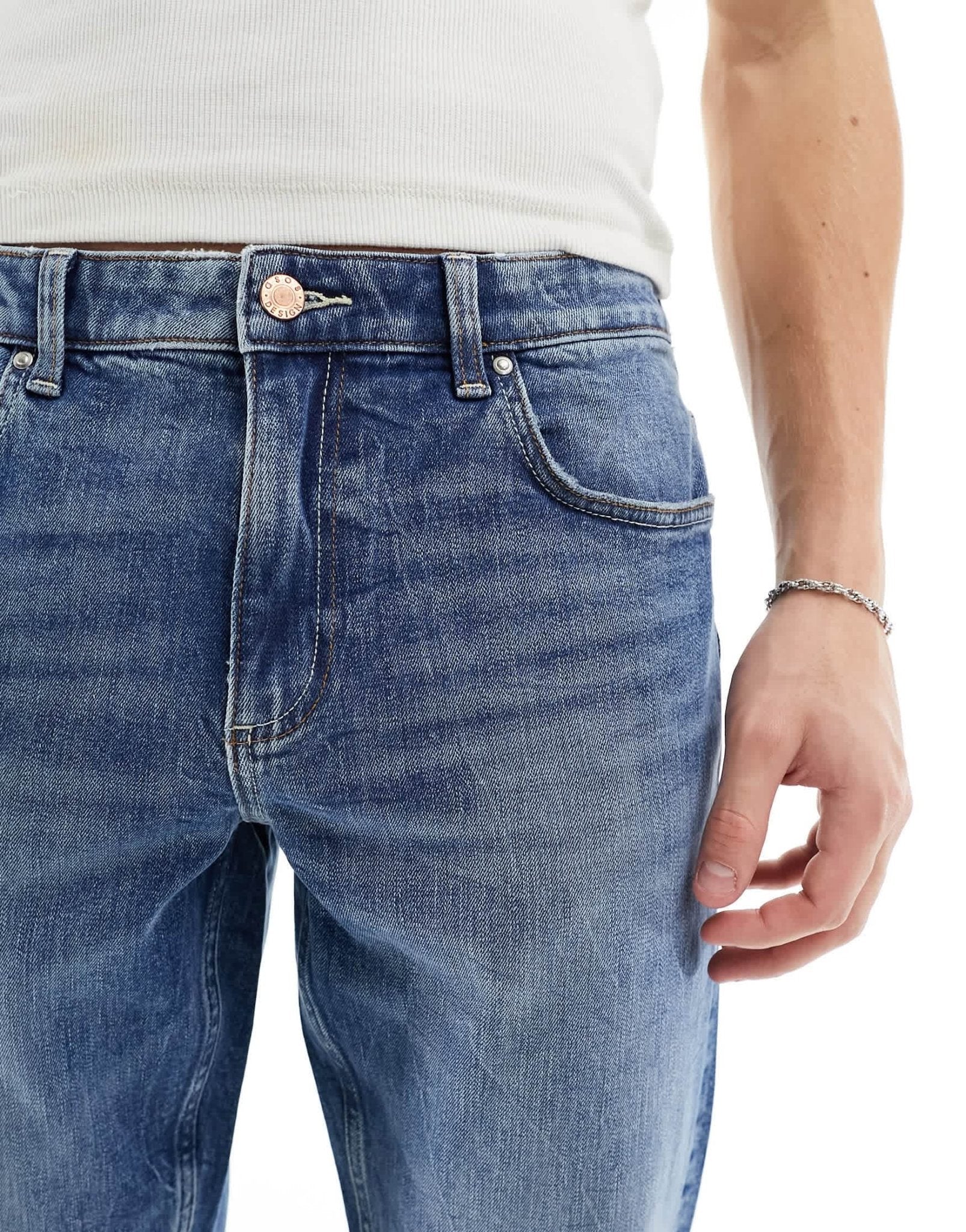 ASOS DESIGN stretch tapered jeans in mid wash blue - ASOS Sample Sale EU Store